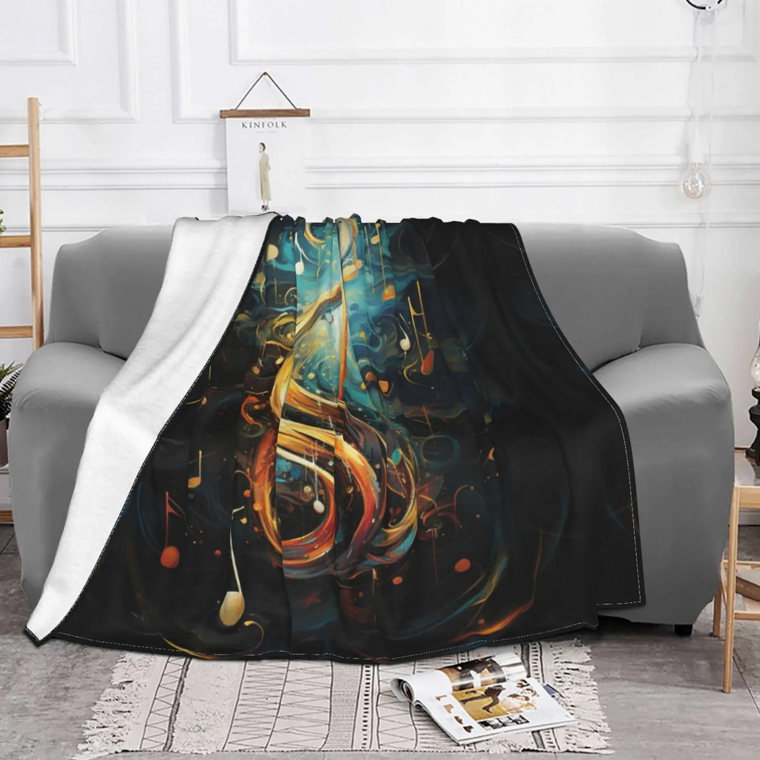 Coperta decorativa morbida e calda in flanella per bambini, cane, gatto, 127 x 152 cm, stampa con simboli musicali