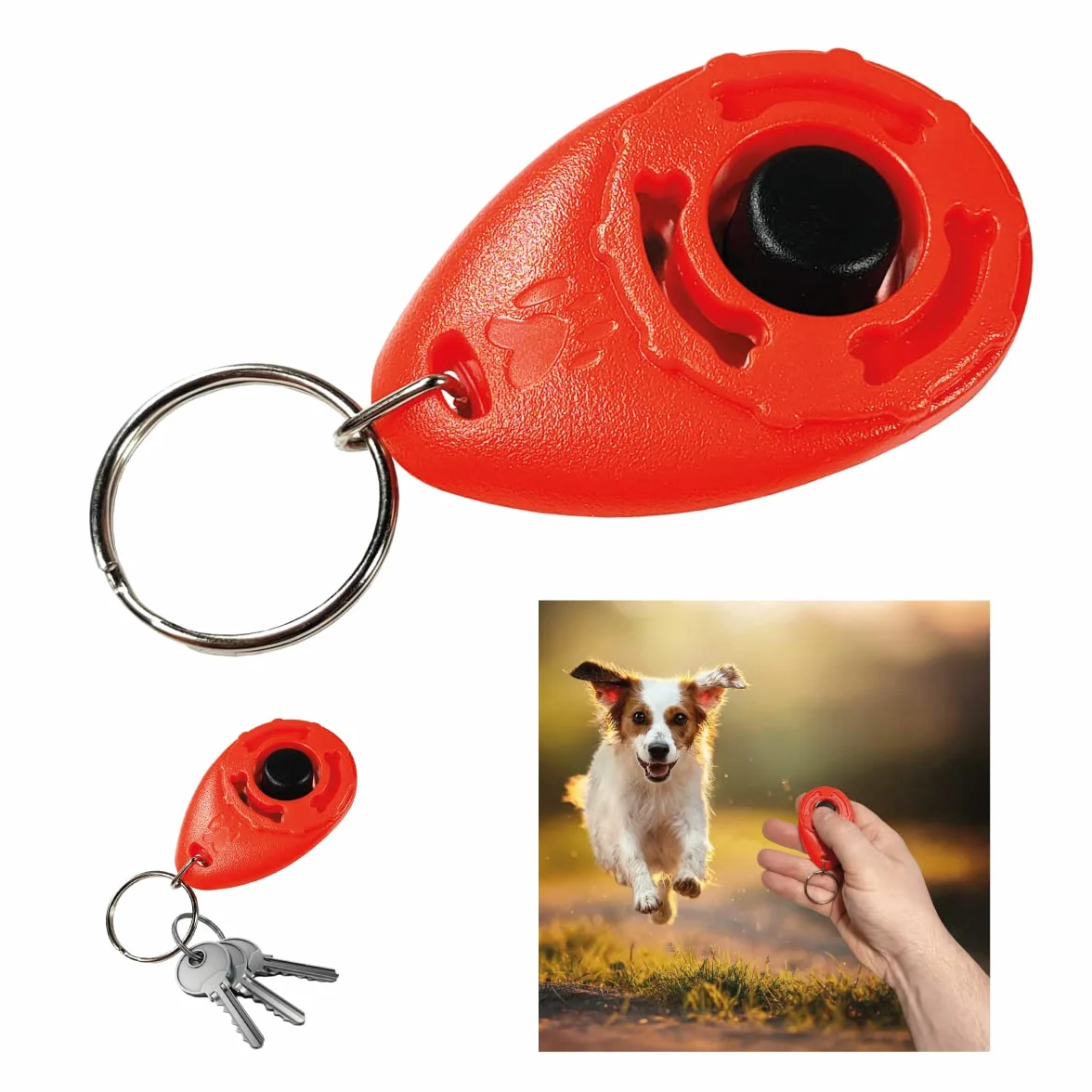 Clicker per Cani con Portachiavi, Addestramento e Formazione, Dog Training - Cane, Gatto, Cavallo – Impugnatura Facile, Addestra ad un Comportamento Corretto (ROSSO)