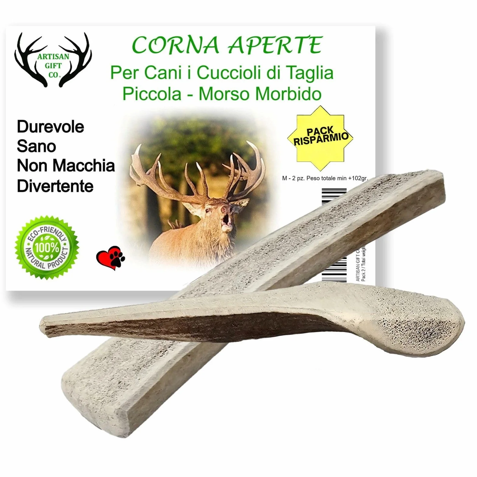 Os Corni di Cervo Aperto Taglia M per Cani Cuccioli Morso Delicato 102gr