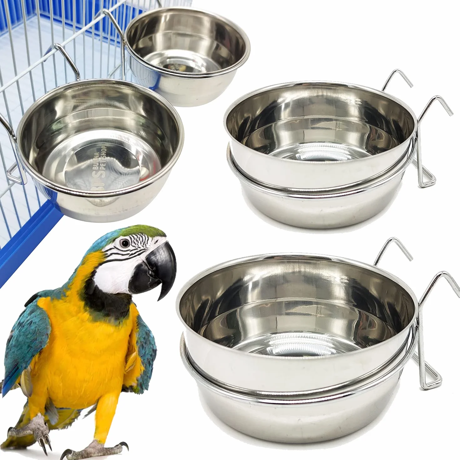 2 x mangiatoia per bevitore per gabbia di pappagallo in acciaio inox con gancio contenitore per alimenti 4 dimensioni ciotola per cibo ciondolo per uccelli pappagallo animale piccolo cane BPS-11130*2