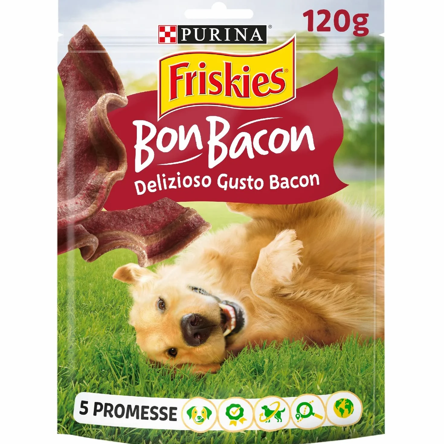 PURINA FRISKIES Bon Bacon 5 Promesse Snack per Cani Adulti al gusto di Bacon 6 Confezioni da 120g