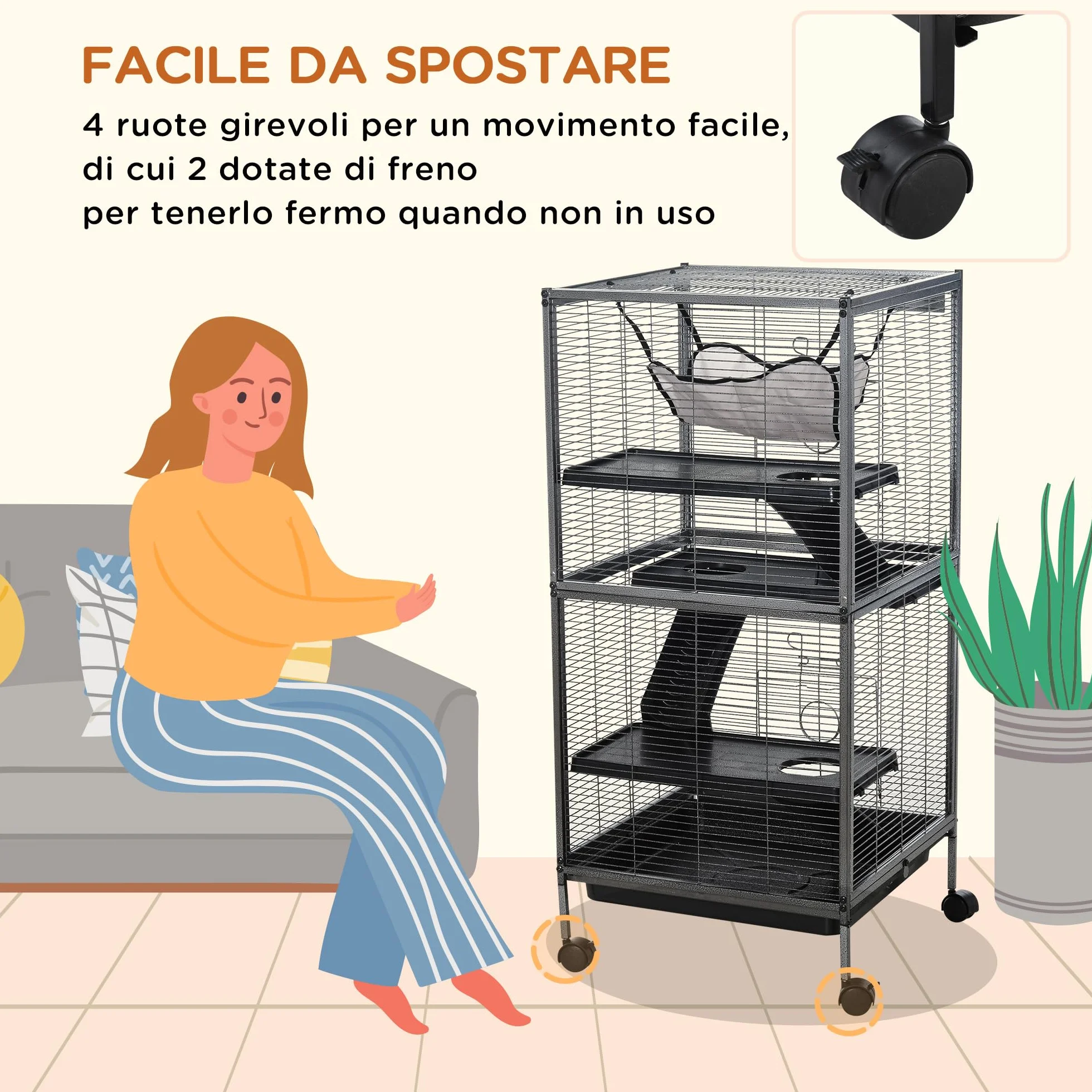 PawHut Gabbia per Piccoli Roditori in Acciaio, Gabbietta per Porcellini d'India e Cincillà con 3 Piani, 4 Ruote, Amaca e Vassoio Rimovibile, 52 x 52 x 113.5cm, Grigio Argento