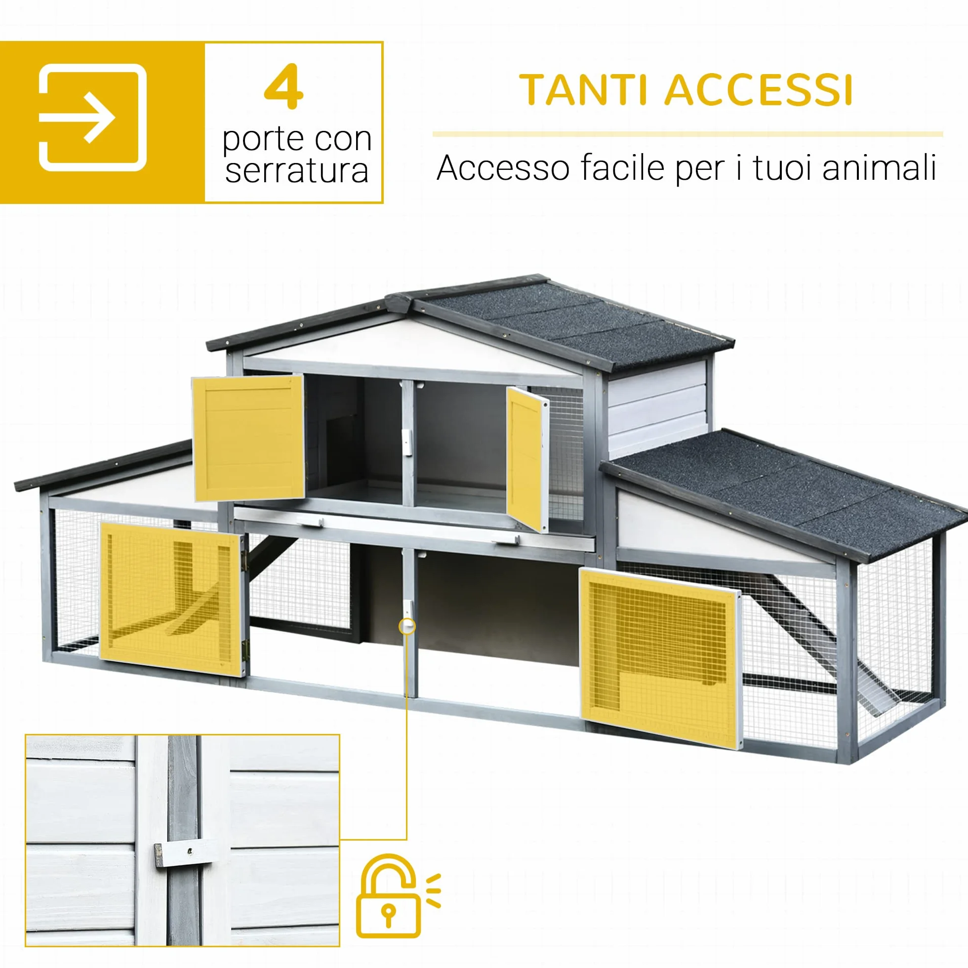 PawHut Conigliera da Esterno in Legno Gabbia per 2-3 Conigli o Roditori Bianca