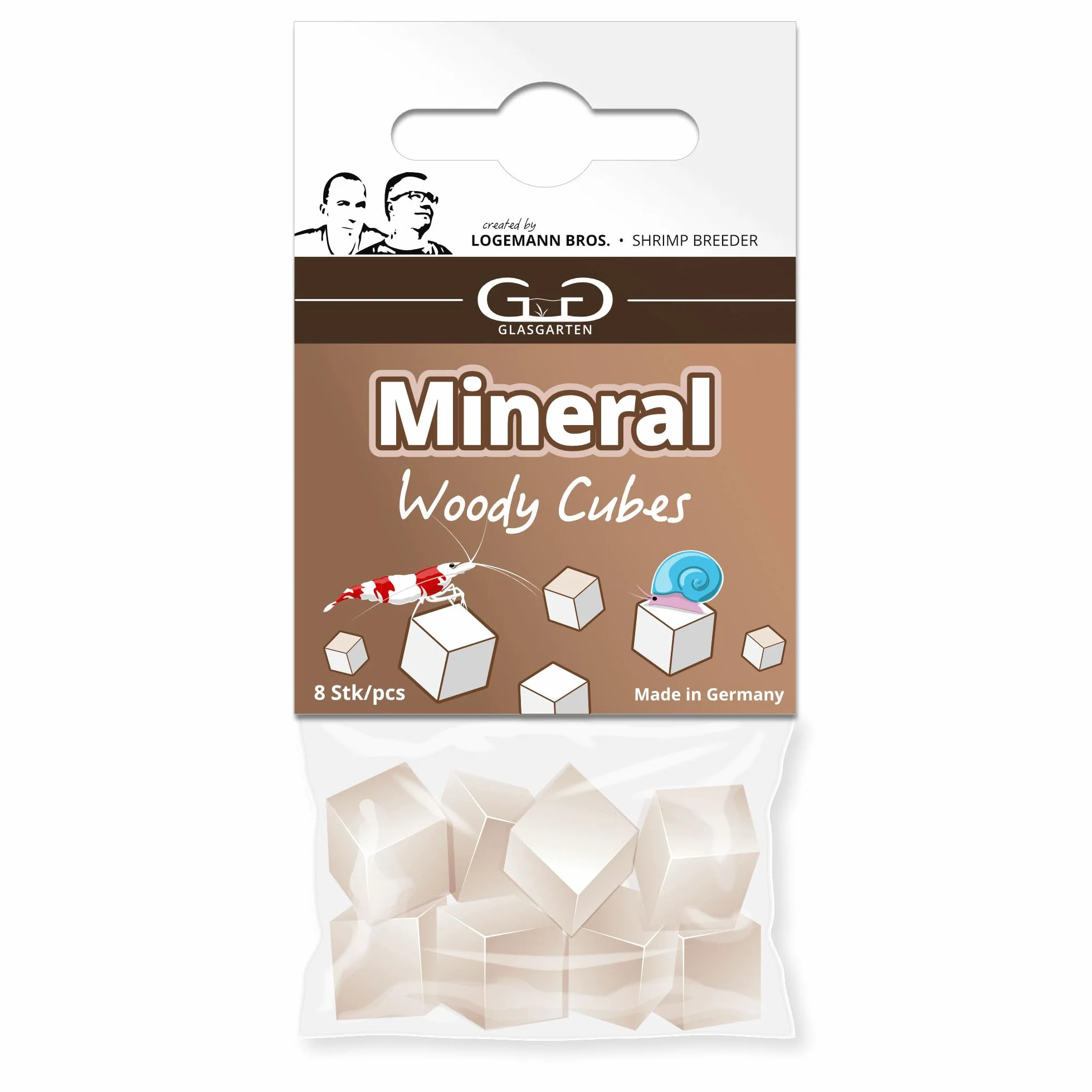 GlasGarten Mineral Woody Cubes | 8 pezzi – Mangime complementare/minerale per gamberetti decorativi, lumache e gamberi con minerali e fibre di legno