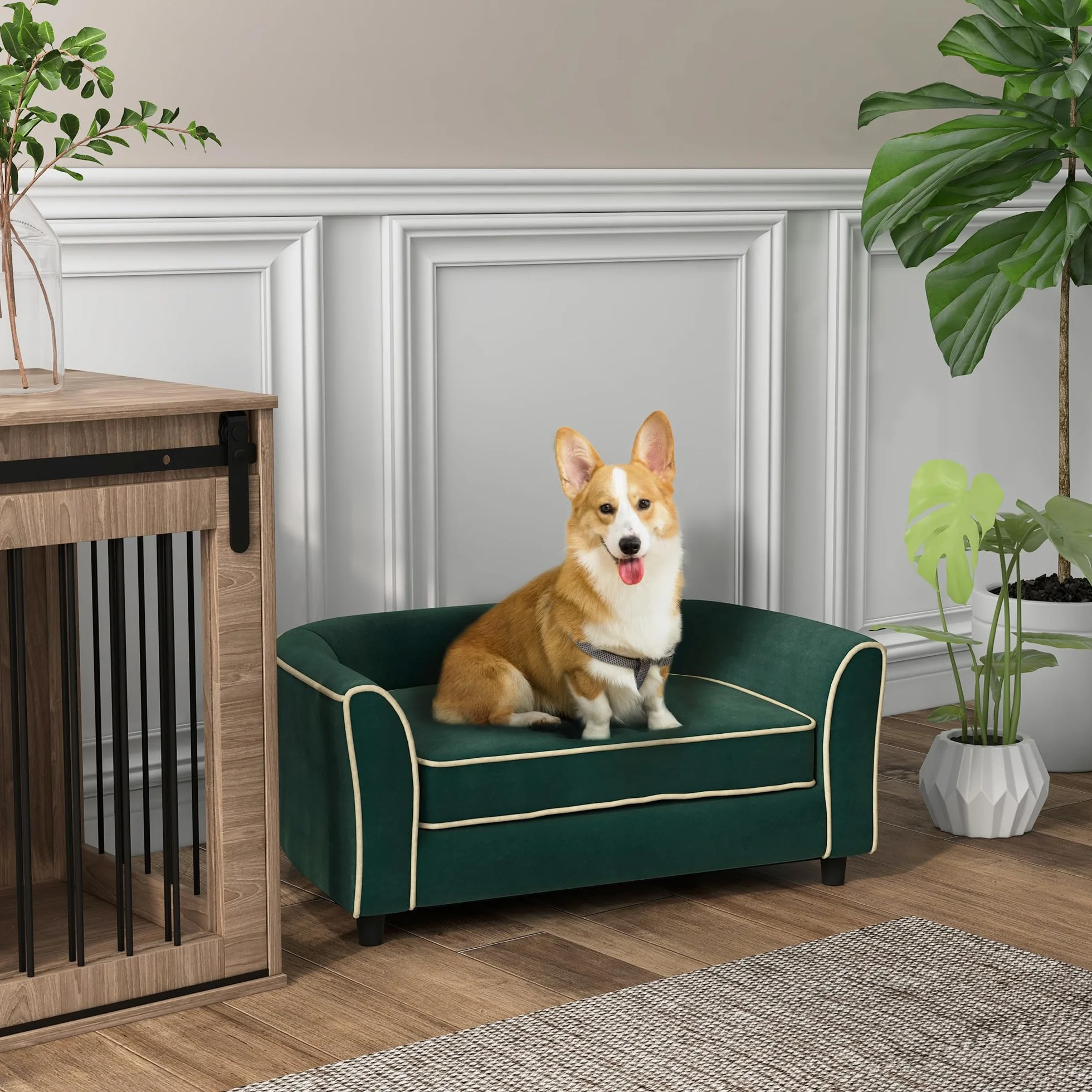 PawHut Divano per Cani Taglia Piccola e Media Elegante con Cuscino, Divanetto per Cani in Tessuto Effetto Velluto e Legno, 79x56x35 cm, Verde Scuro