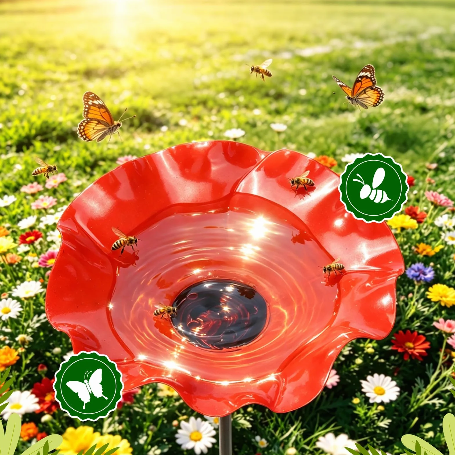 Paletto da Giardino in Metallo per Uccelli, Abbeveratoio a Forma di Fiore per Api – Bagno per Uccelli su Palo con Vasca – Decorazione da Giardino in Metallo Rosso – Altezza 65 cm