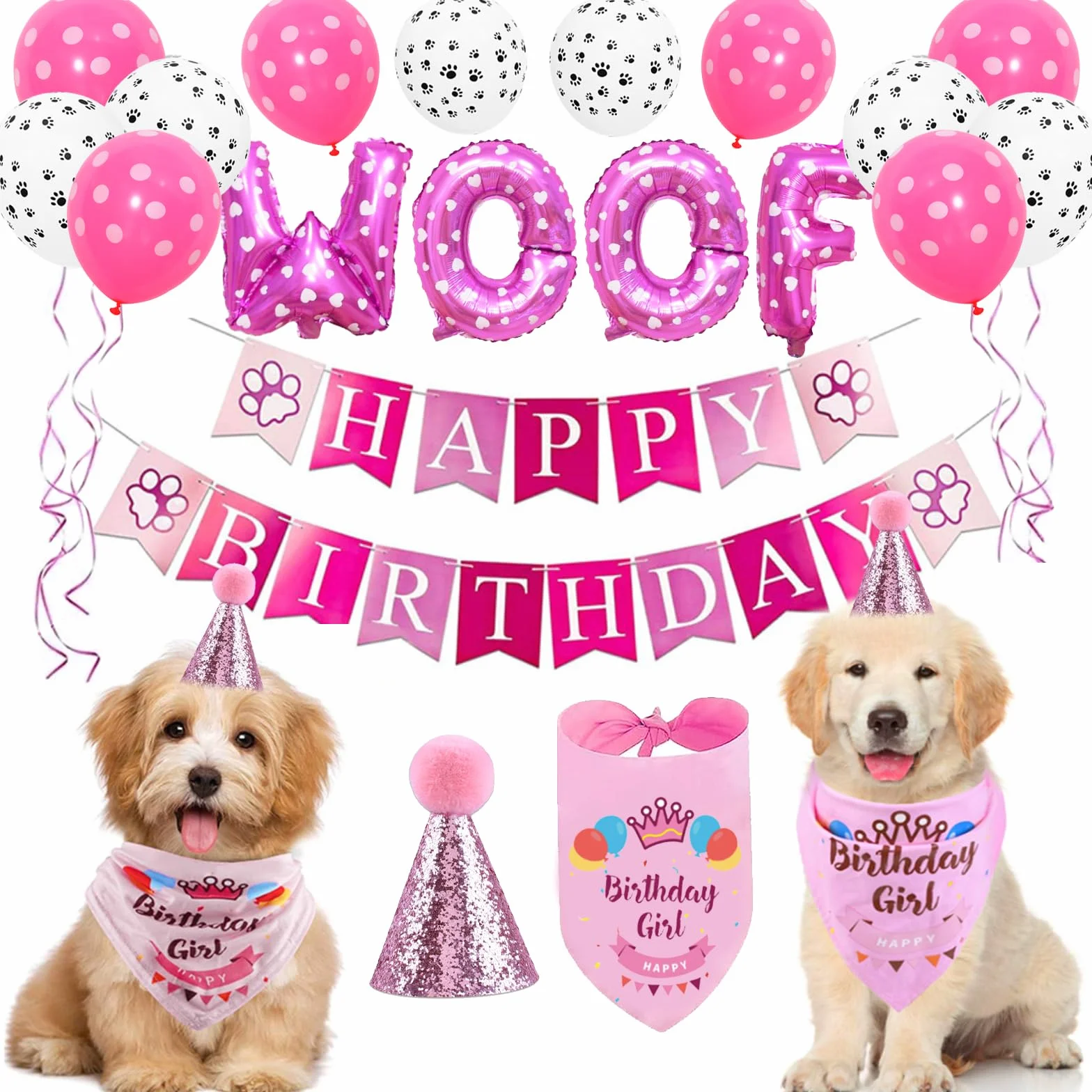 Festa di Compleanno Decorazioni per Cani, Set Bandana e Cappello Rosa