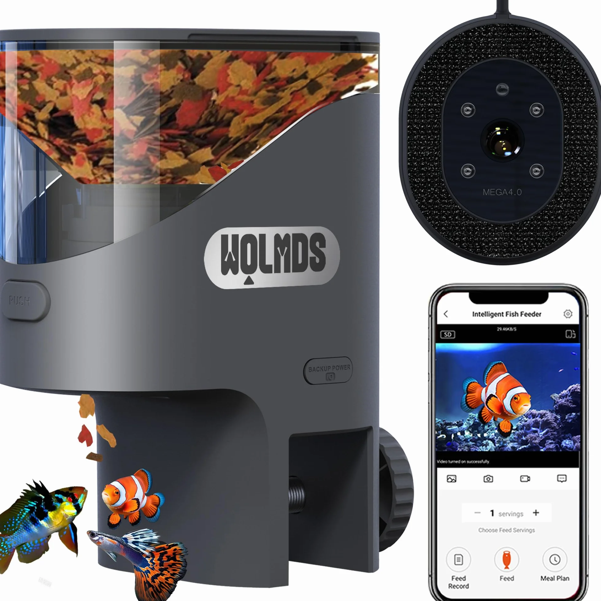 Distributore Cibo Pesci Automatico WiFi con Telecamera 2.5K HD, Mangiatoia Smart App 2.4G/5G, Dosaggio 0.2g/0.6g, Bianco