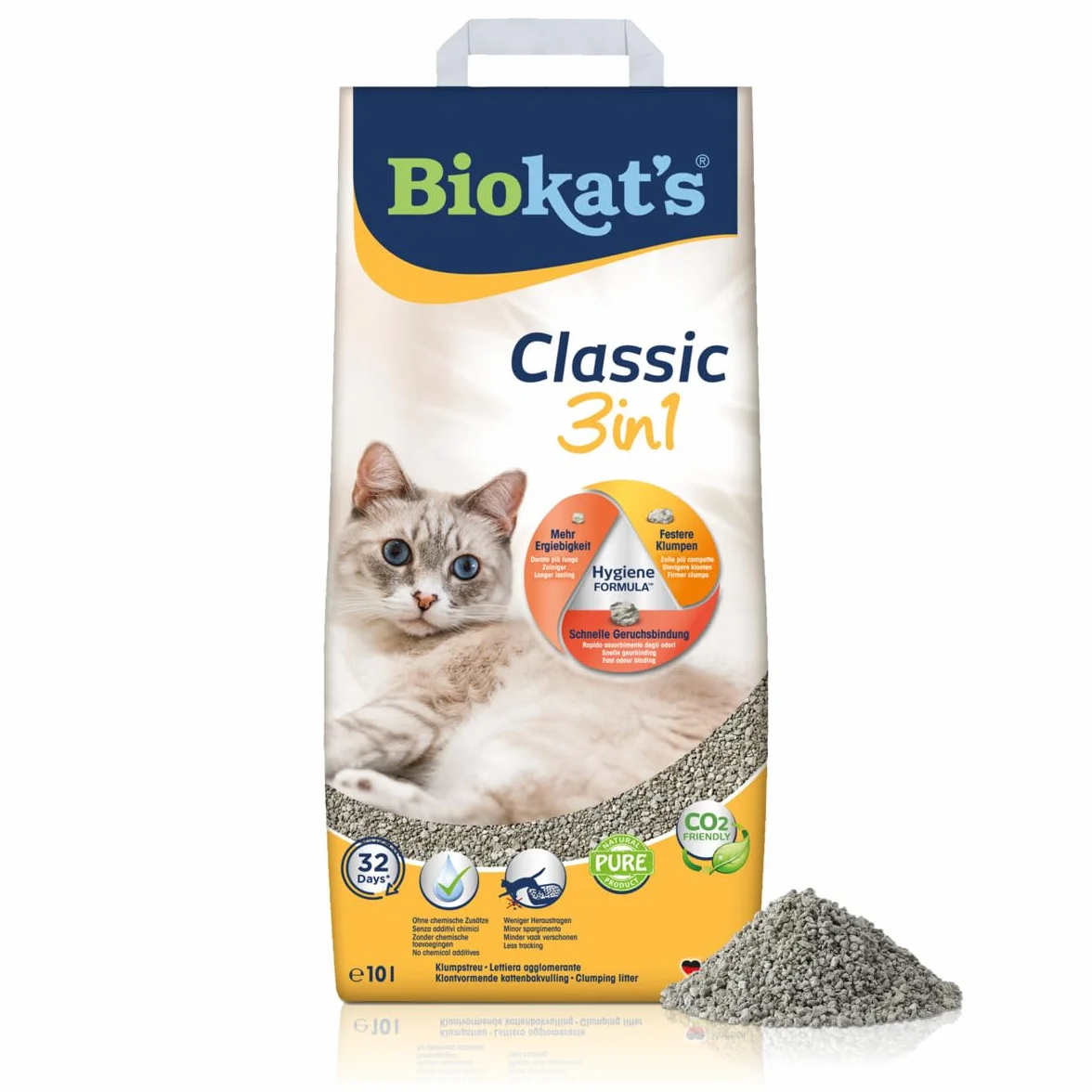 Biokat's Classic 3in1 senza profumo, Lettiera agglomerante con 3 diverse dimensioni di grani, 1 sacco, 1 x 10 L