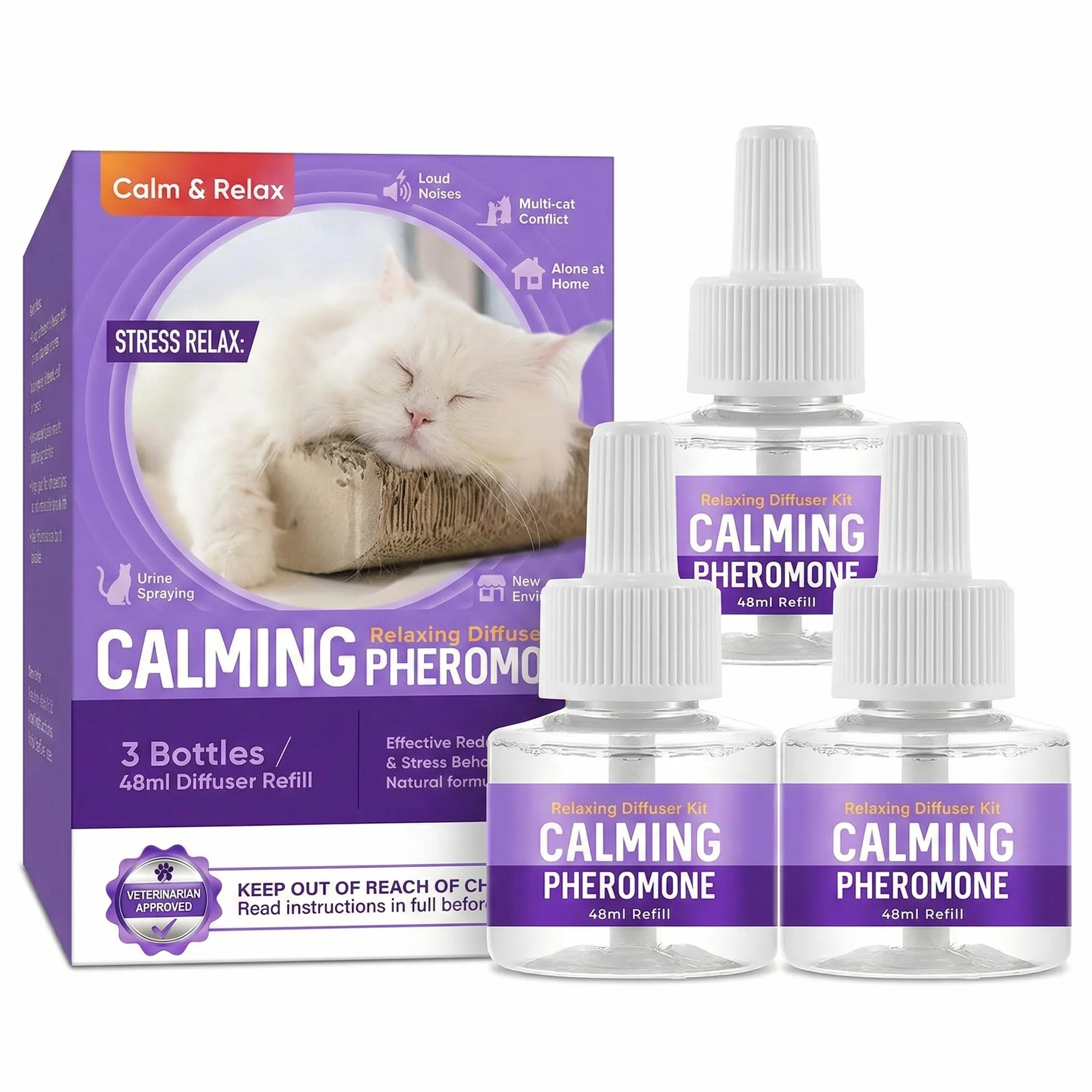 Ricarica Diffusore di Feromoni Calmanti per Animali Domestici – 3 Flaconi da 48 ml – Favorisce Calma e Benessere in Cani e Gatti – Uso Domestico