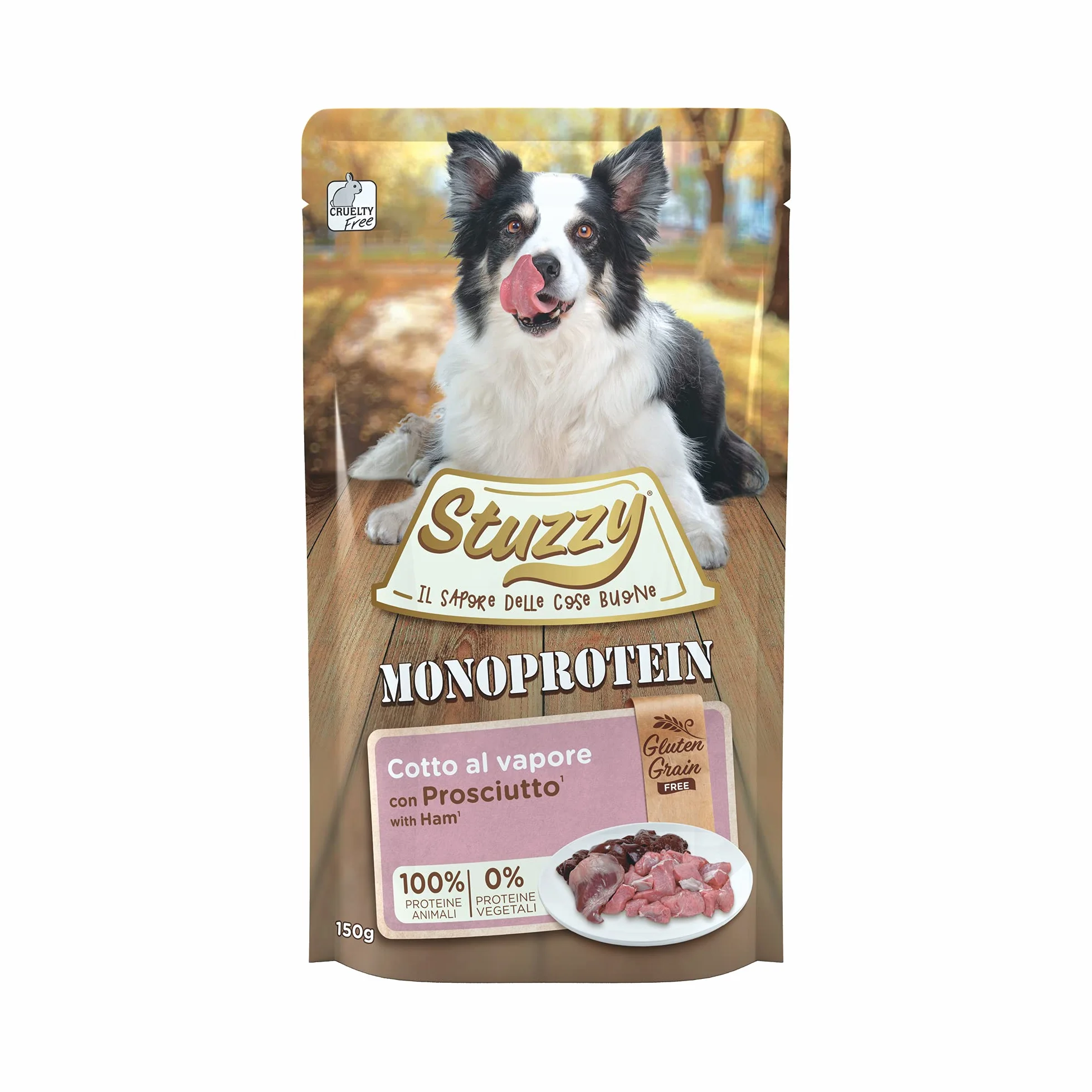 Stuzzy Monoprotein Grain & Gluten Free Cibo Umido per Cani Adulti Gusto Prosciutto Patè 1,8kg (12x150g)