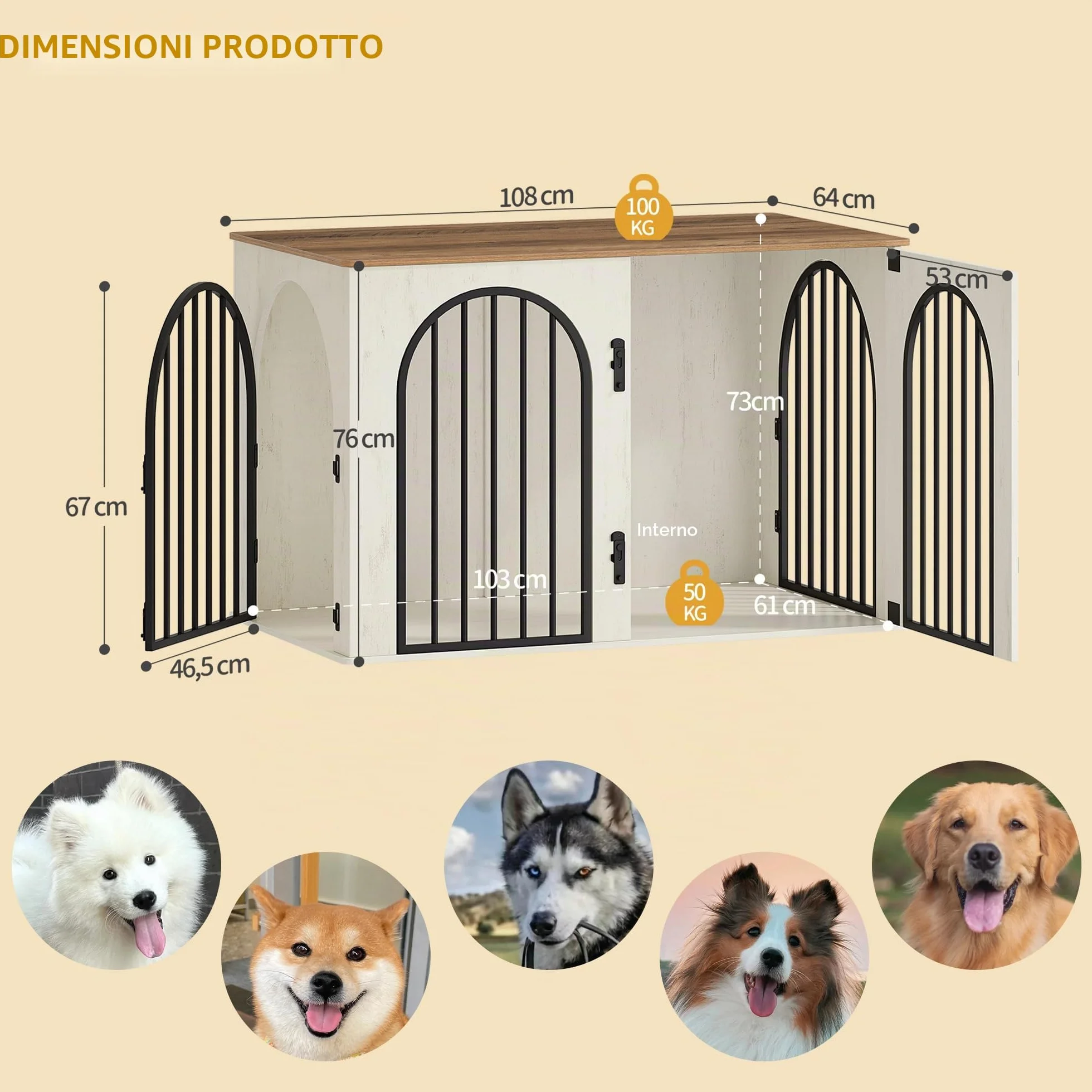Hzuaneri 108 cm Gabbia per Cani, Tavolo Supplemento, Cuccia Moderna per Cani Interno, Kennel Cane Medio, Casetta per Animali, 3 porte, Porta ad arco, 64 x 108 x 76 cm, Bianco e Marrone DFC86014B