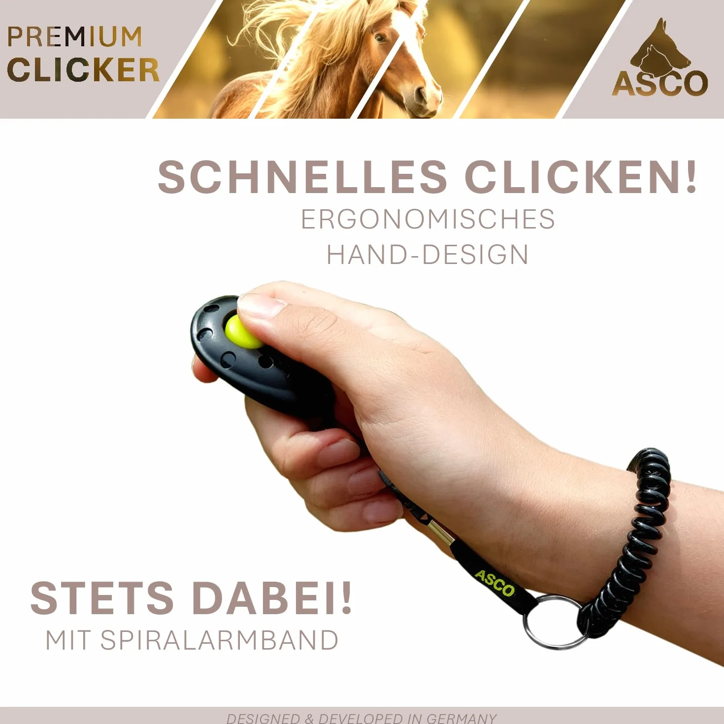 ASCO Clicker da Dito Premium con Bracciale a Spirale per clicker Training, clicker Professionale per Cani, Gatti e Cavalli, clicker per addestramento Cani, Nero AC01FS