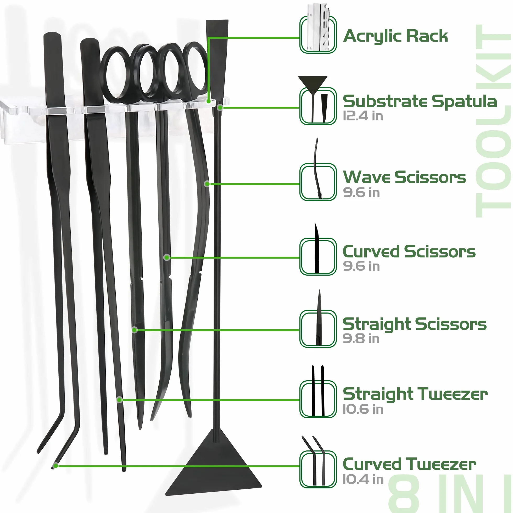 Kit di attrezzi 8 in 1 per aquascaping con ripiano in acrilico, in acciaio nero, perfetto per creare uno splendido paesaggio subacqueo per acquario