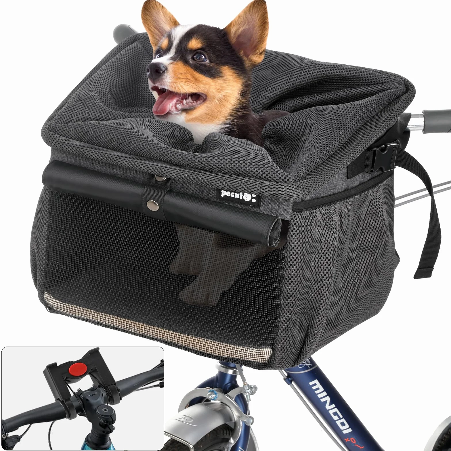 Pecute Cestino per Bici per Cani con Adattatore per Manubrio, Borsa Portabici per Cuccioli Più Stabile - 4 in 1 per zaino Cane+Borsa a tracolla+Trasportino Auto Cani, per Ciclismo all'Aperto