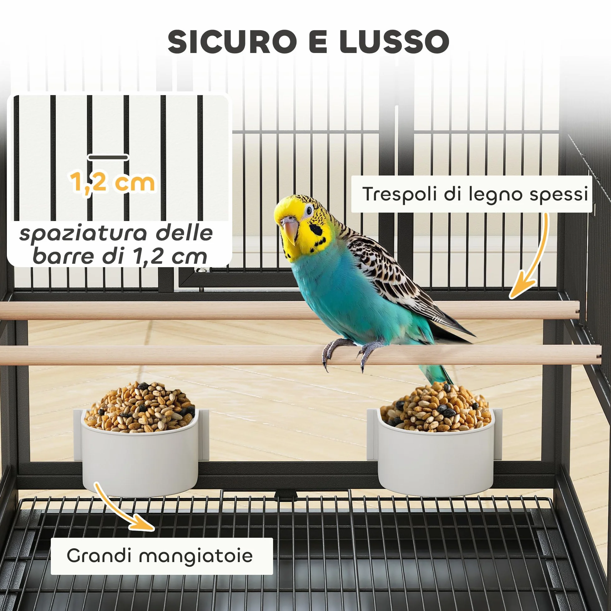 PawHut Gabbia per Uccelli a Rotelle con Ripiano Inferiore, Vassoio e Griglia Rimovibili, Gabbietta per Uccelli in Acciaio e PP, 48x46x83 cm, Nero