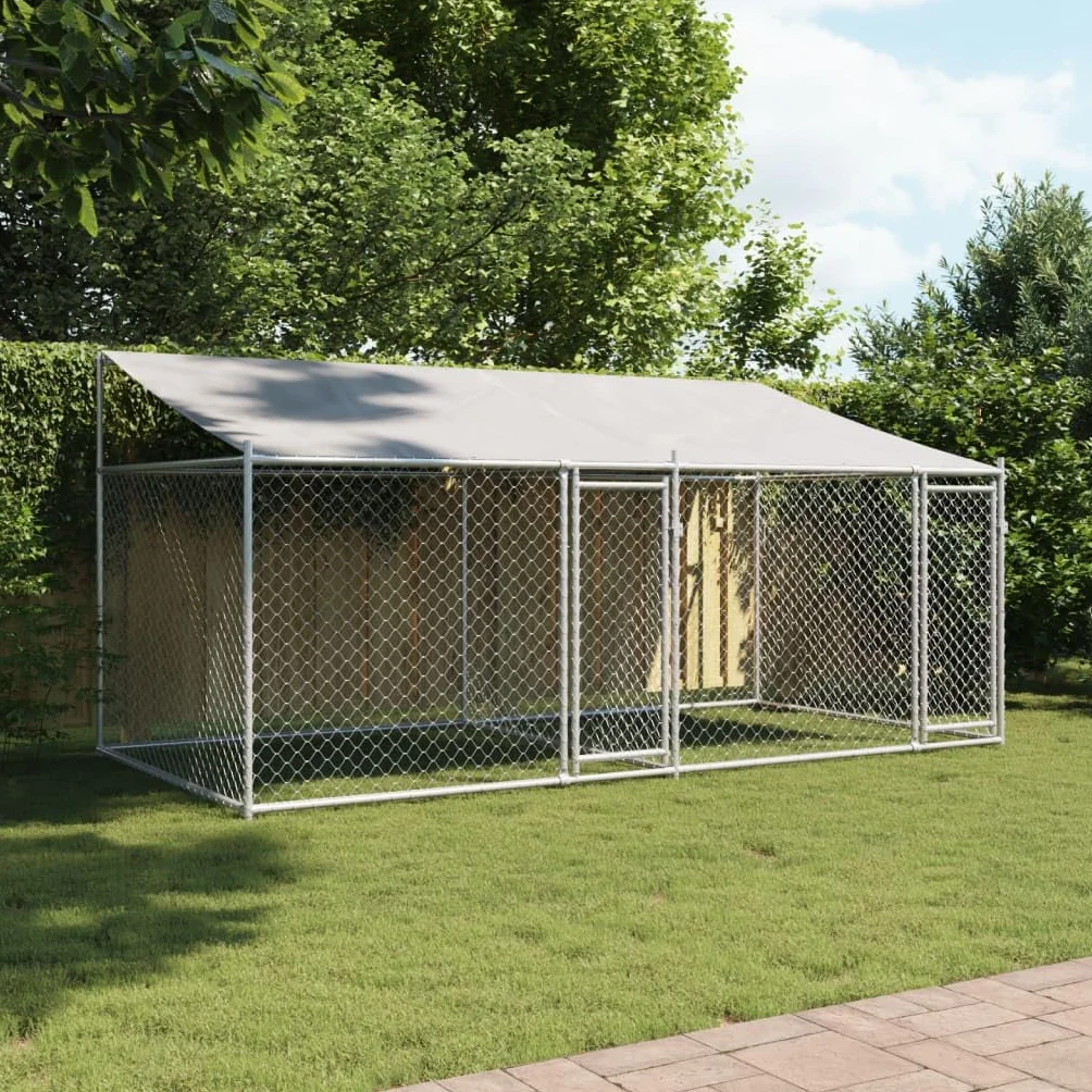 LAPOOH Gabbia Cani con Tetto e Porte Grigia 4x2x2 m in Acciaio Zincato,Gabbie da Arredamento,Gabbia Cani Arredamento,Gabbia Cani da Arredamento-3209563