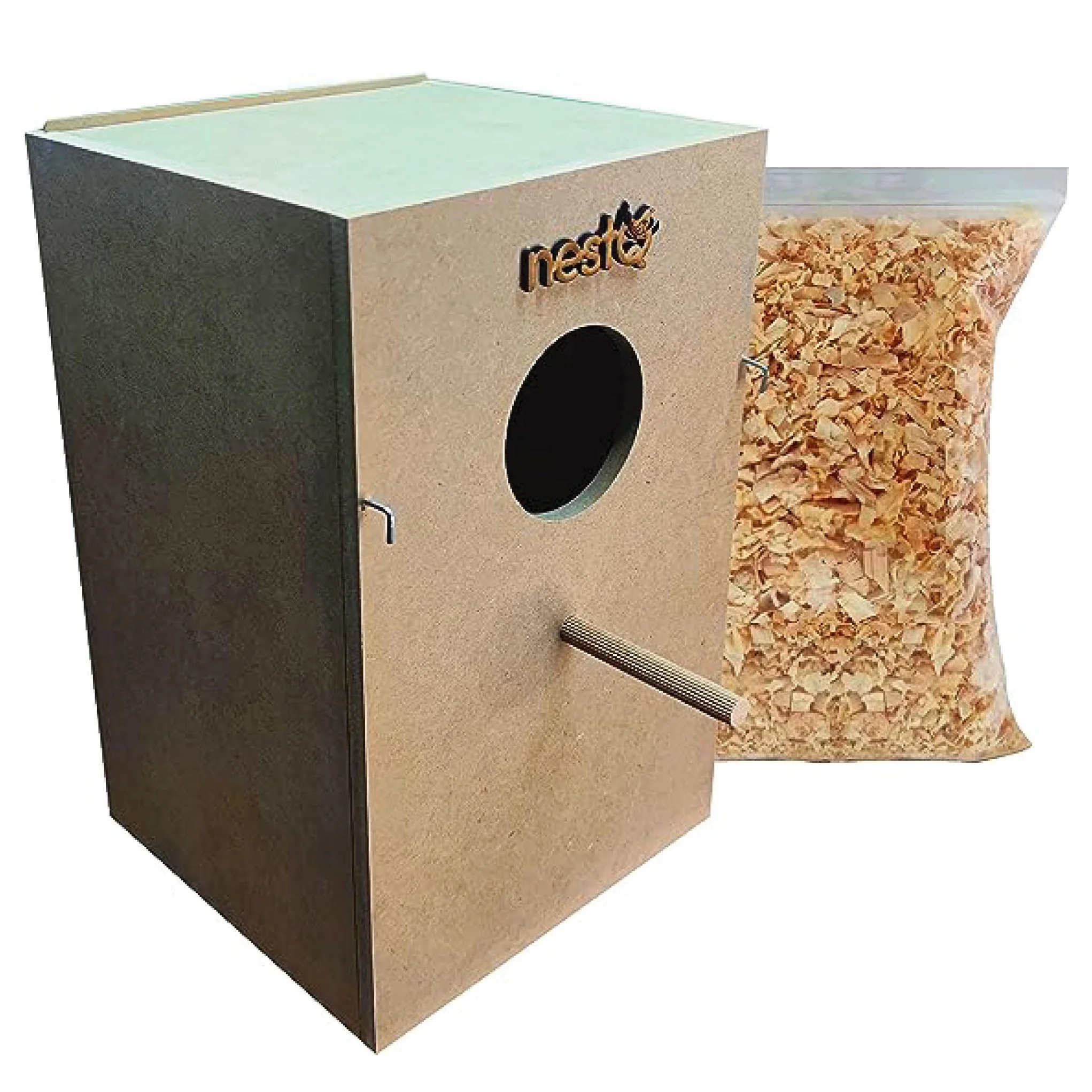 Nido Verticale di Legno con Trucioli - Ideale per Ninfali, Caique, Cacatua, e Pappagalli di Taglia Media - Dimensioni M 30 x 21,5 x 20,5 cm - Nido per Uccelli Resistente e Sicuro - Buona Ventilazione