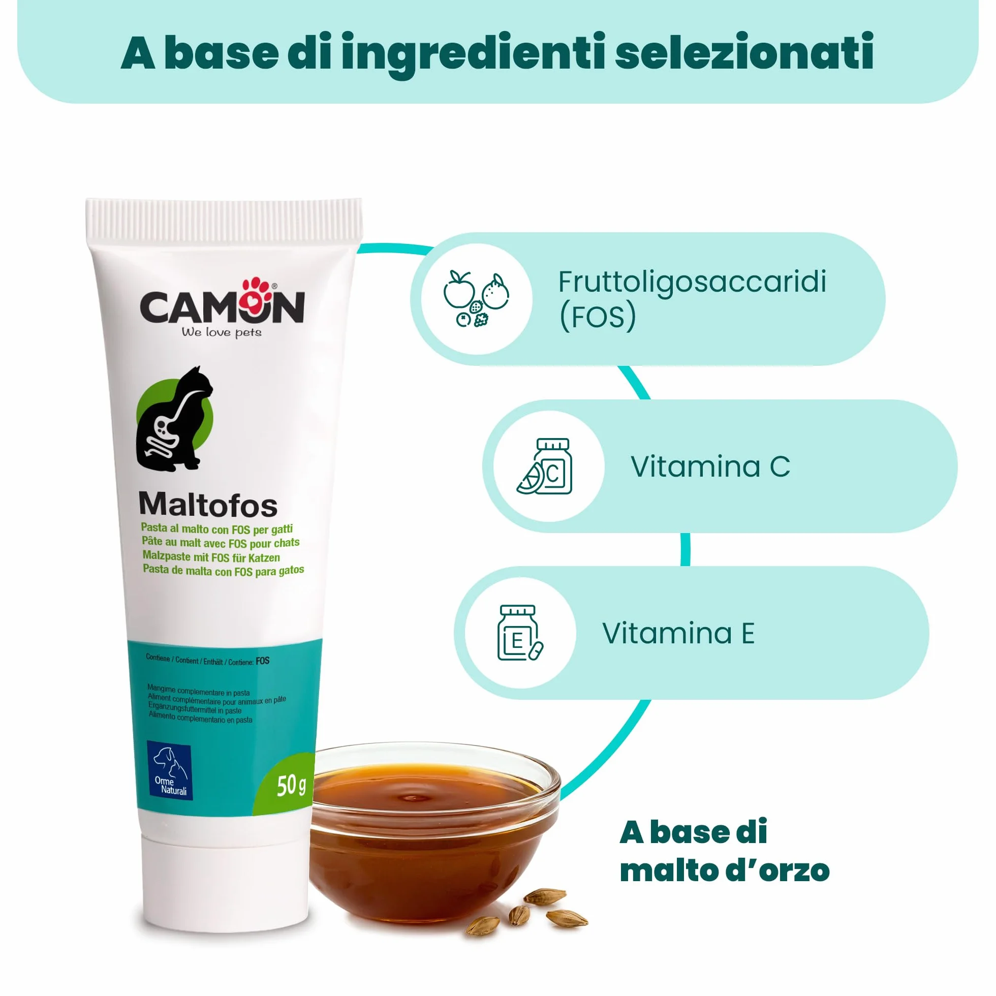 CAMON | Malto Fos, Alimento Complementare in Pasta, 50g, Supporto per Transito Intestinale e Boli di Pelo, per Gatti, Cani, Conigli e Furetti