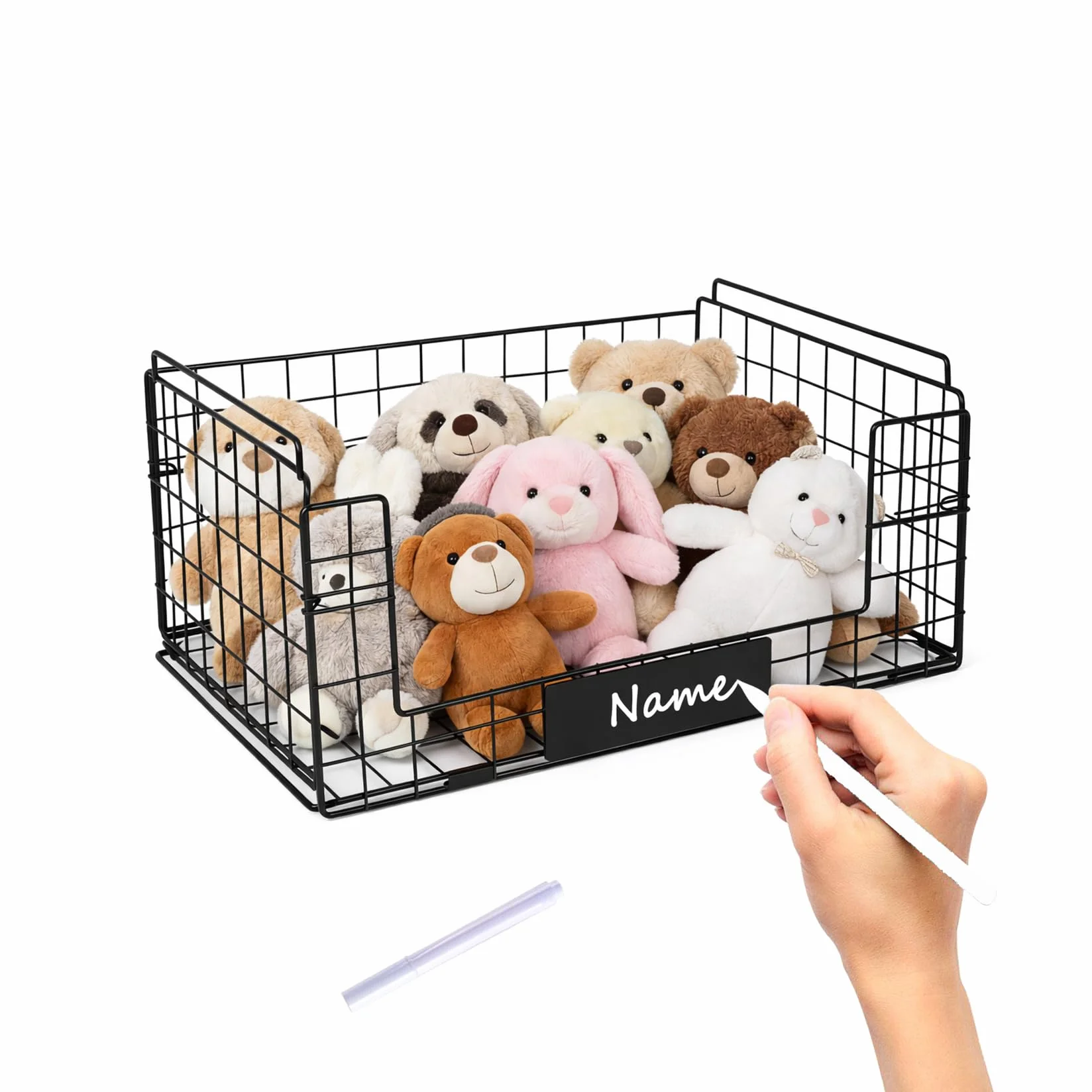 Cesto portaoggetti in metallo pieghevole con manico, per animali domestici, per accessori e giocattoli, impilabile, colore nero, 41,5 x 30 x 18 cm