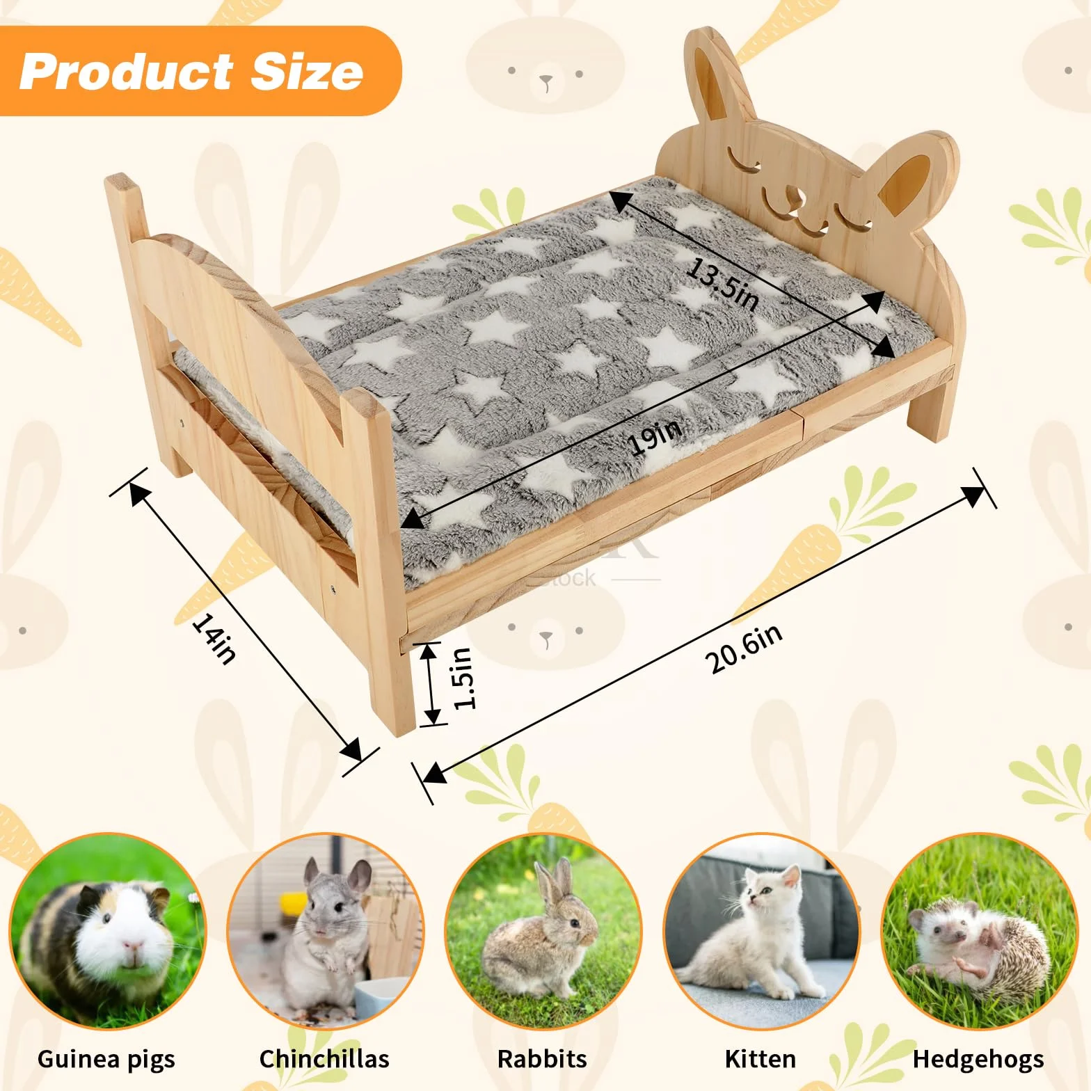 Grande letto in legno con tappetino morbido, letto pieghevole 2 in 1 per conigli, porcellini d'India, criceti, furetti, cincillà, gattini, cuccioli, lettini che dormono e dormono per