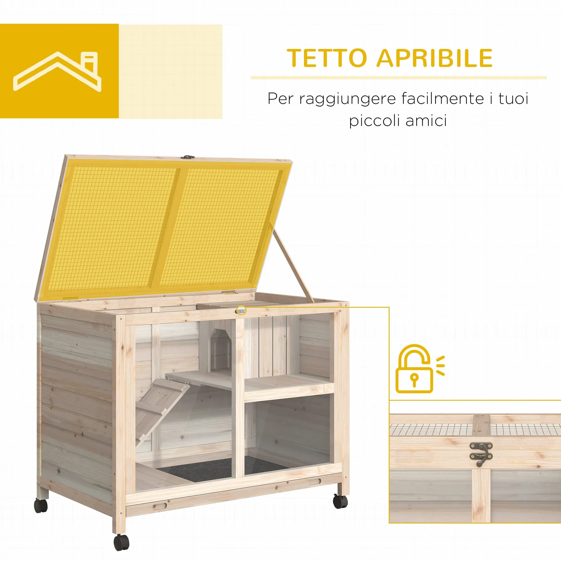PawHut Conigliera in Legno a 2 Livelli con Casetta per Conigli e Porcellini d'India, Gabbia per Conigli con Rampa e Vassoio Estraibile, 91.5x53.3x73cm, Color Legno