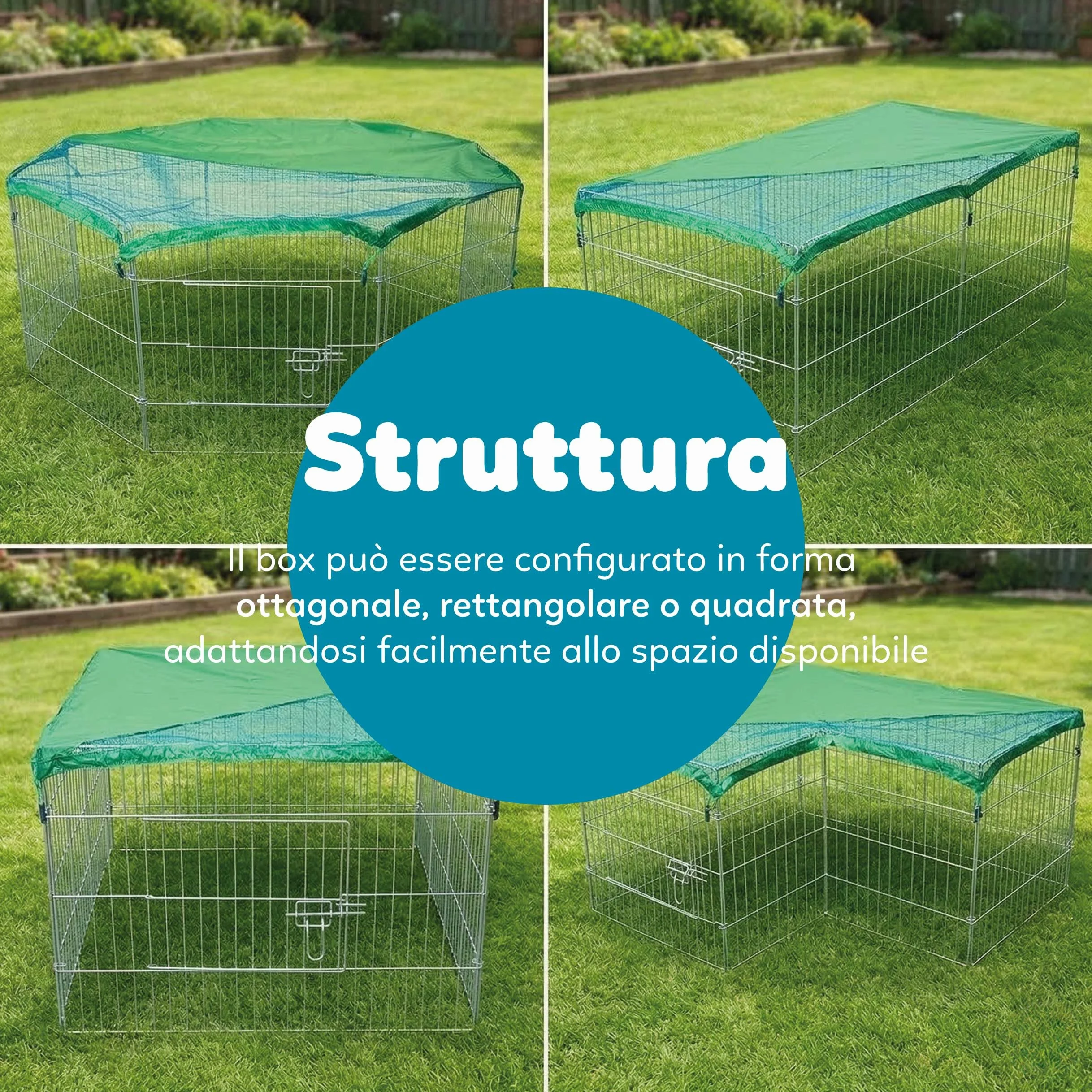 AQPET Recinto in ferro per Cani e Gatti Cuccioli Roditori Pieghevole 60x60 cm 8 Pezzi Per esterno da Giardino con Rete Parasole, Nero