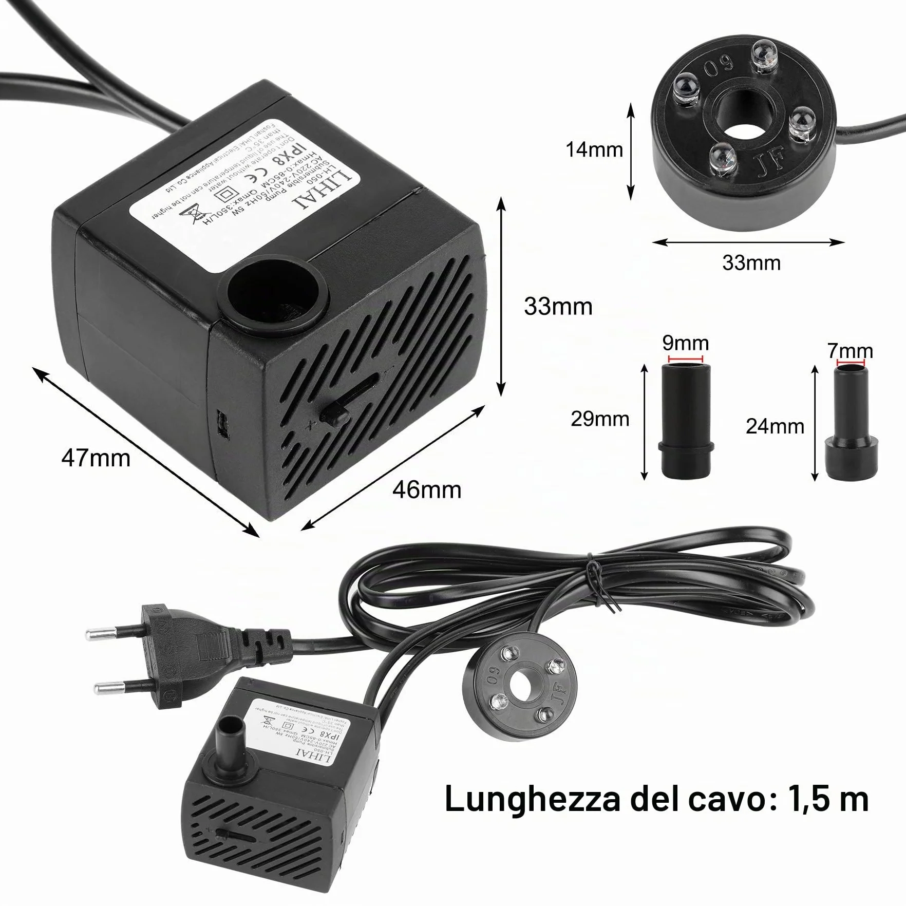 Forever Speed pompa per acquario 5W, Mini Fontana con 4 luci LED Color, acqua Sommergibile 0,85m, 350l/h