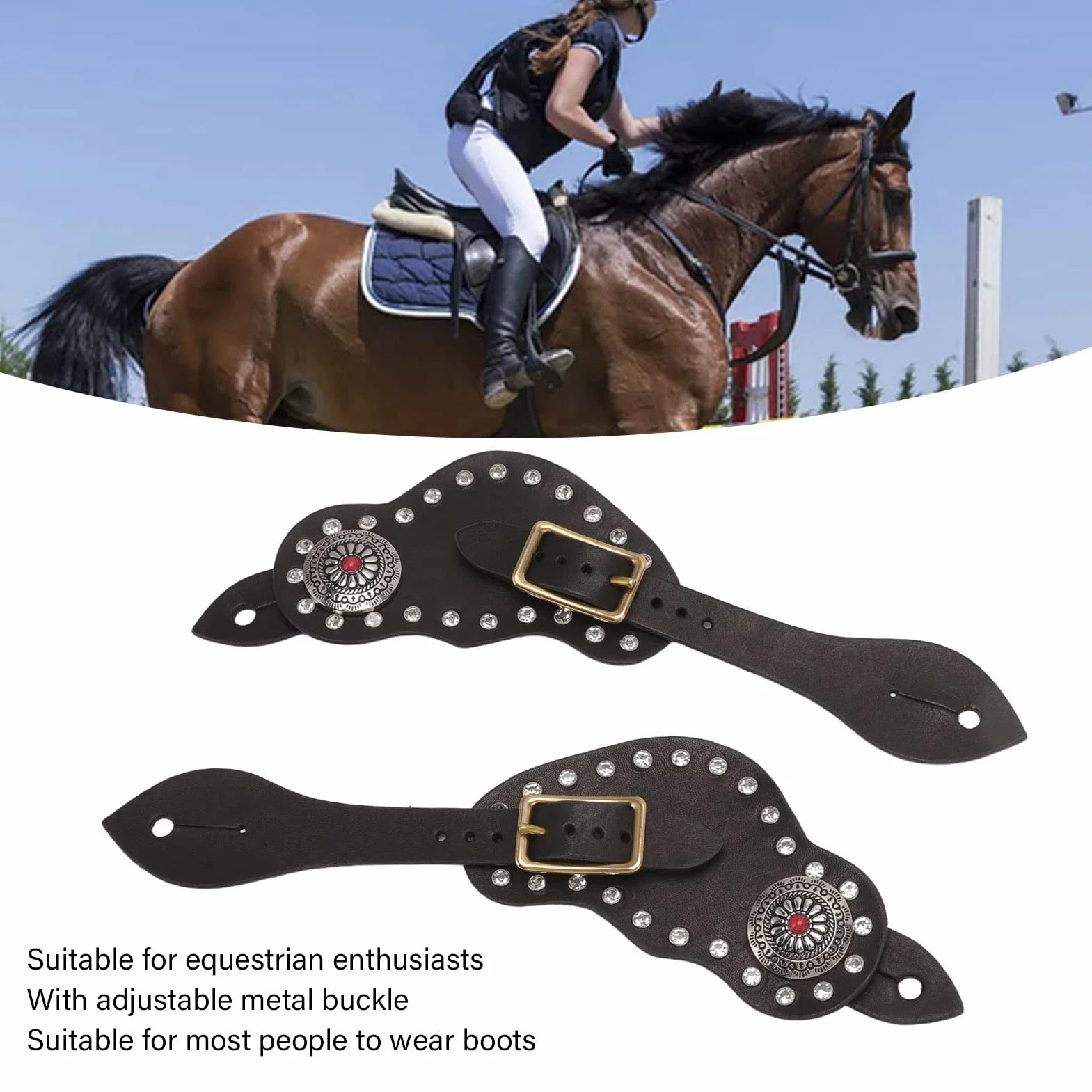 Fockety Cinghie di speroni, 9.8in Pelle di Mucca Robusto Durevole Chiusura in Metallo Lunghezza Regolabile Occidentale Spur Strap Western Vintage Spur Straps Western Womens