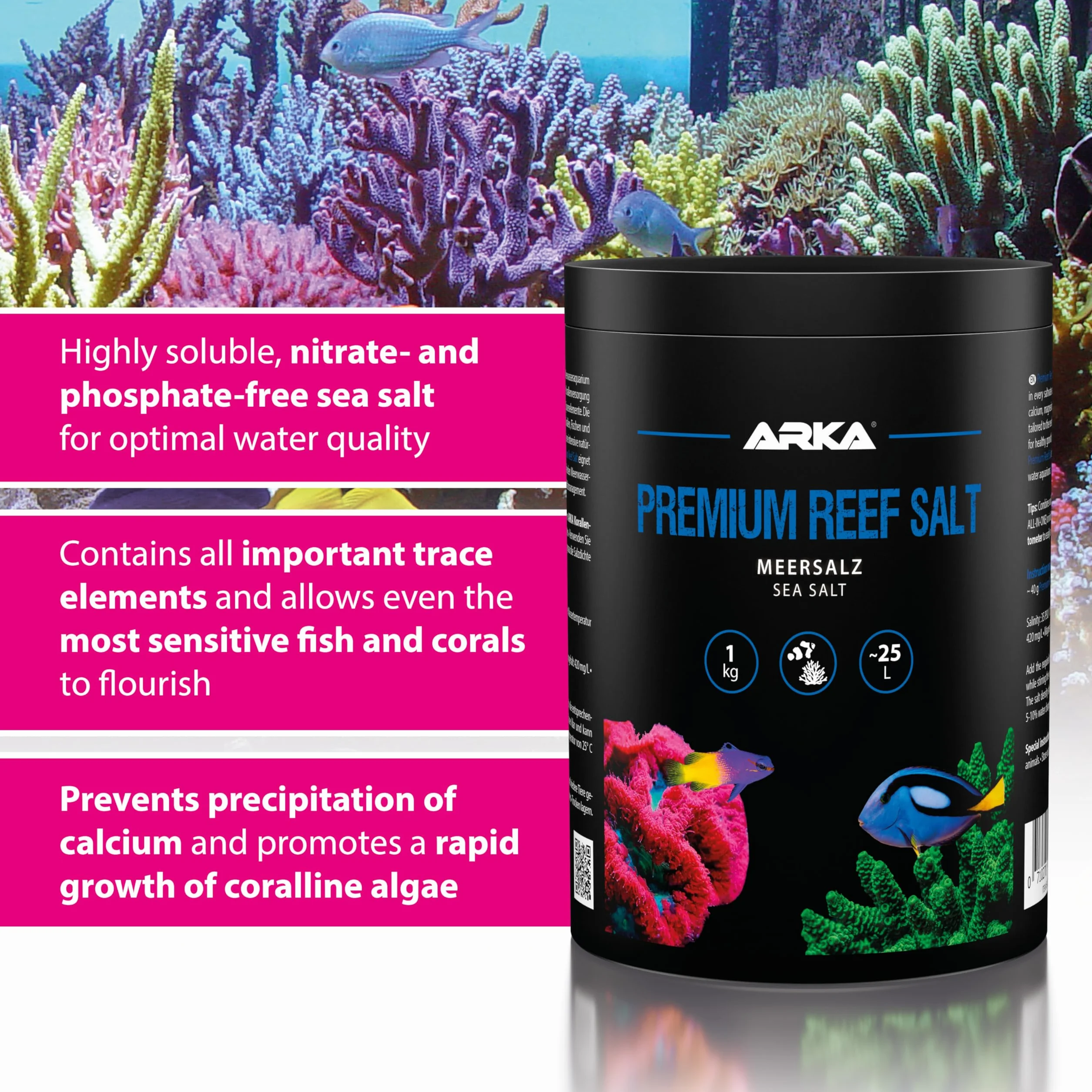 Sale marino 1 kg – ARKA Premium Reef Salt – sale sintetico per acquario marino – stimola la crescita dei coralli e i colori – si scioglie rapidamente, senza fosfati – parametri stabili