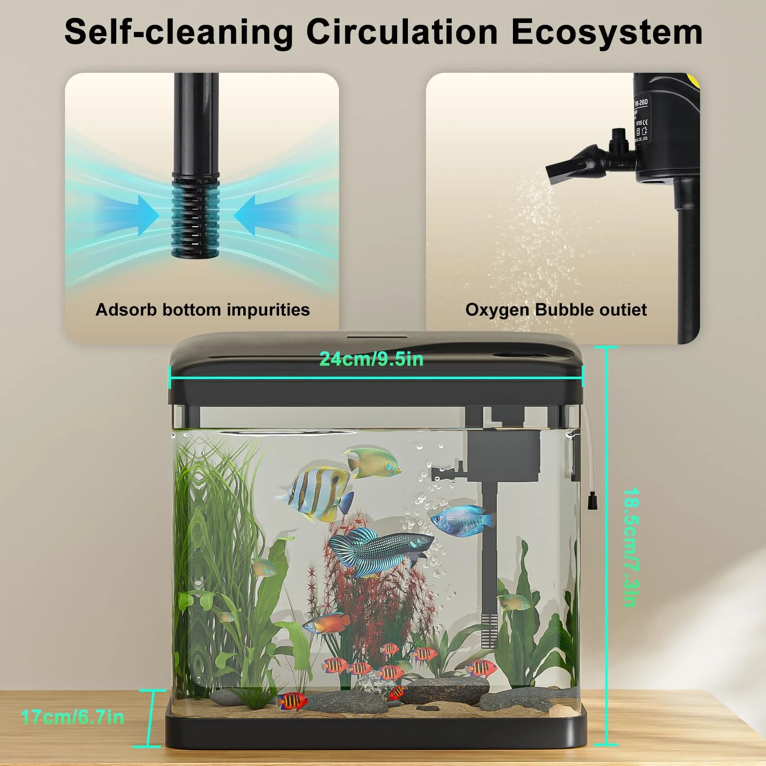 Acquario Piccolo in Vetro, GuKKK Completo Acquarios Per Pesci Rossi Tartarughe D'acqua con Illuminazione a LED e Sistema di Filtraggio,Nero,Set Per Principianti Mini Acquario Completo (10L)