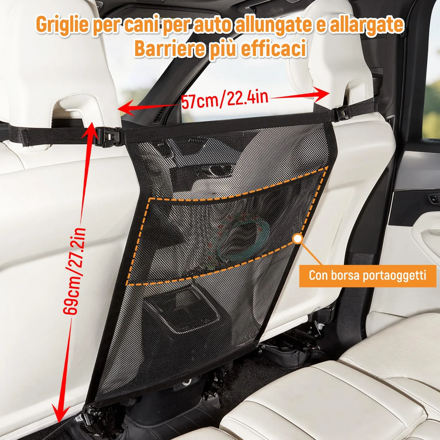 GGW Griglia per Cani per Auto con Tasche portaoggetti per Cani – Rete di separazione per Sedile Anteriore, barriera di Sicurezza Contro Il Cane dal Sedile Posteriore, Universale