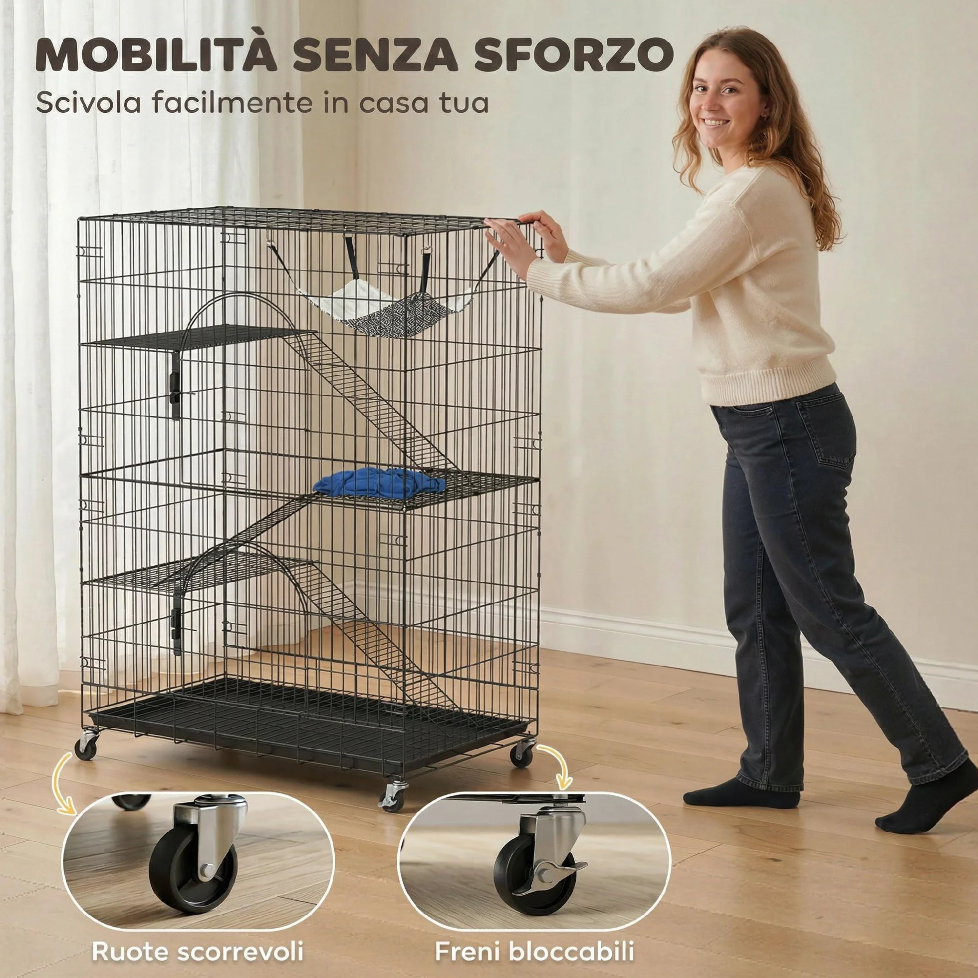 PawHut Gabbia per Gatti Grande 4 Livelli con Ruote, Recinto per Gatti da Esterno ed Interno in Metallo, Vassoio Estraibile, Amaca, Letto, Rampe, Piattaforme, per 1-2 Gatti, Scoiattoli Cincillà, Nero