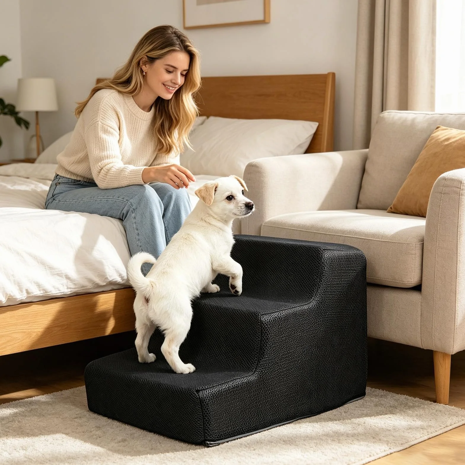Scale per Cani 3 Gradini, Scale per Animali Domestici Antiscivolo per Cani di Piccola Taglia e Gatti, con Rivestimento Lavabile, per Davanzale della Finestra del Divano
