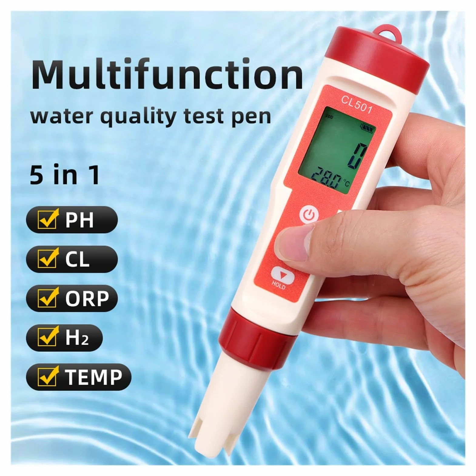 Misuratore di pH/CL2/H2/ORP/temperatura, rilevatore Cloro, Tester Digitale 5 in 1 for la qualità dell'Acqua for Piscine, Acqua Potabile, Acquario(5 in 1)