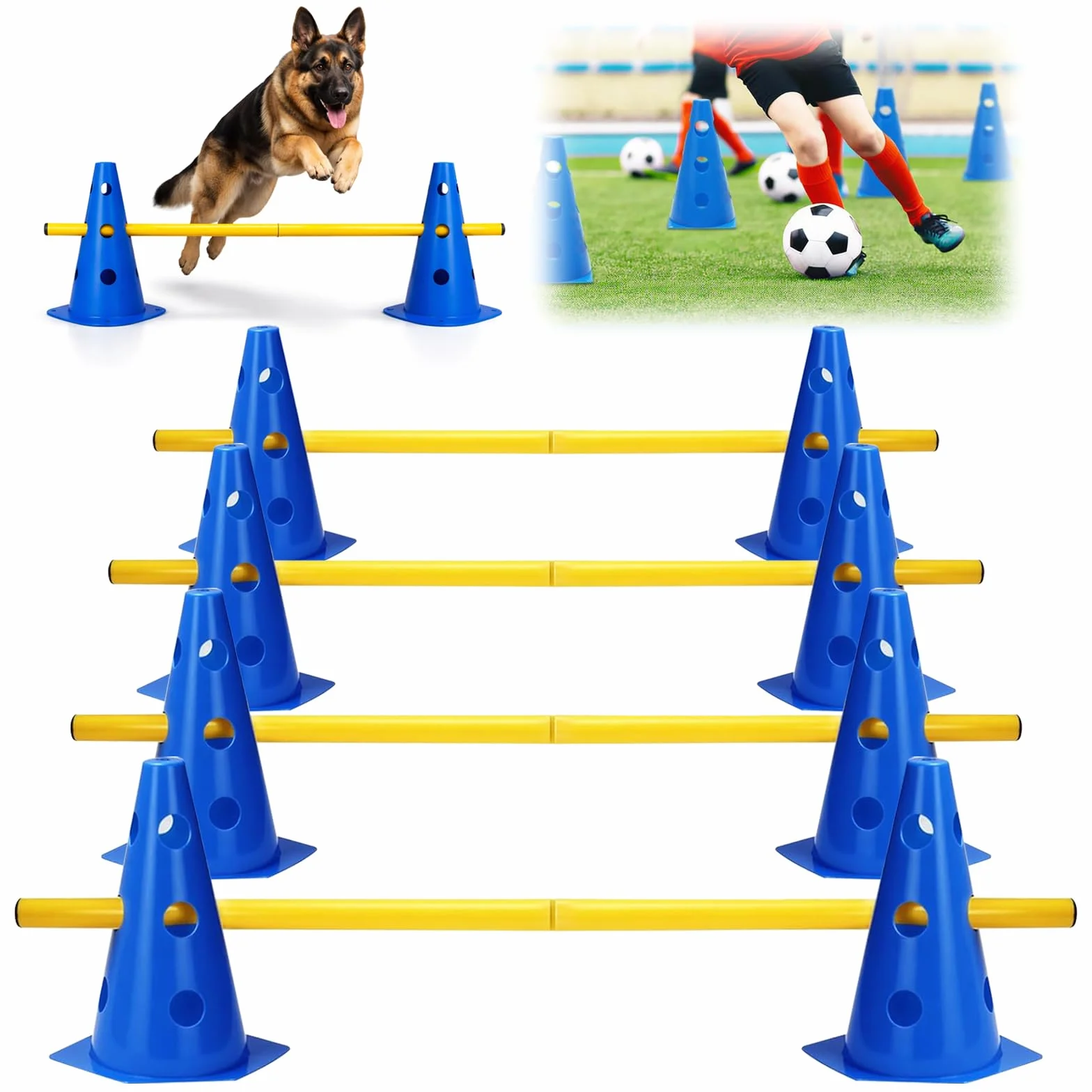 Kit Ostacoli Agility Impilabili, 10 Coni + 5 Barre (80cm) - Ostacoli Regolabili per Addestramento di Coordinazione per Bambini, Cani e Cavalli, Salti per Percorsi Cinofili ed Equitazione
