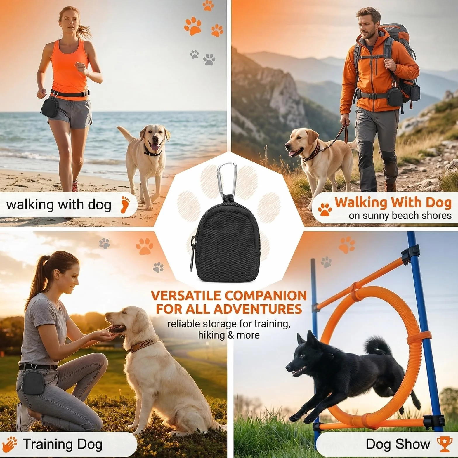 Borsa Porta Snack per Cani, 9x7x2,5cm Nera, Borsa per Snack a Mani Libere con Moschettone, Materiale Impermeabile, per Addestramento Canino & Passeggiate