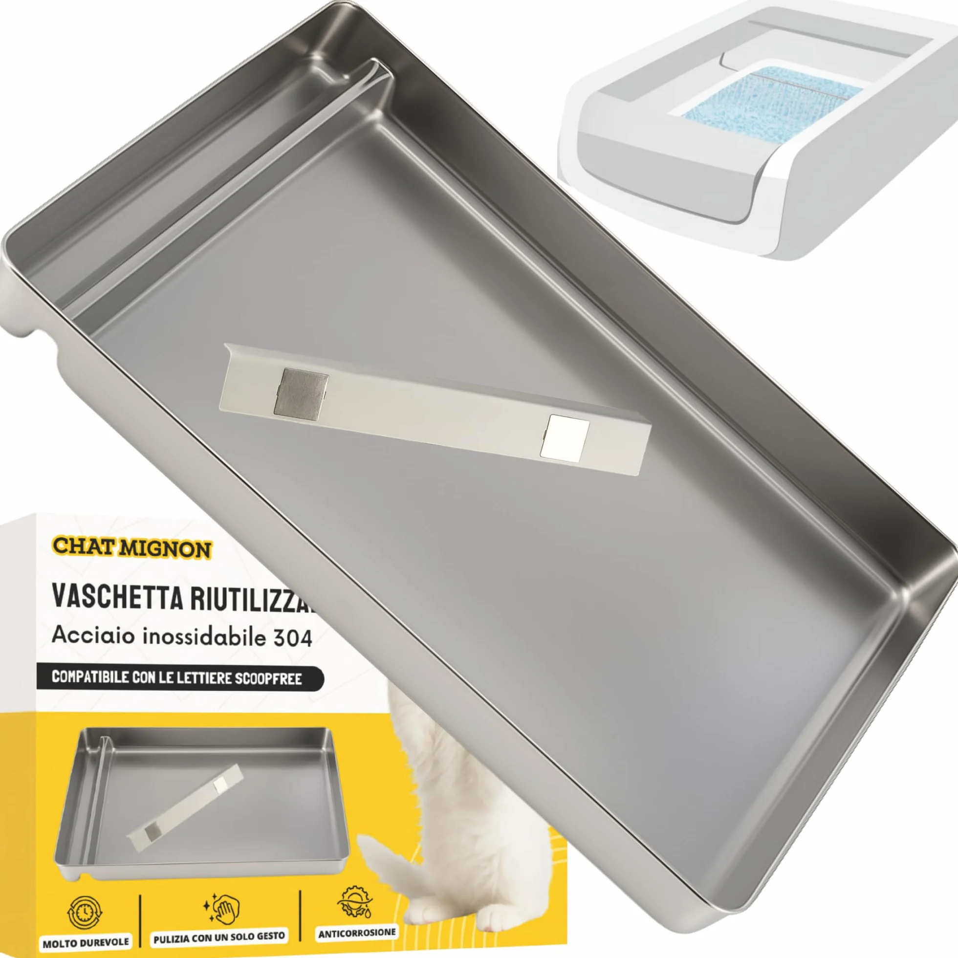 ChatMignon® – Cassetta Igienica Riutilizzabile in Acciaio Inox 304, Compatibile con Pet-Safe Scoop-Free, Ultra Resistente, Anti-Odori & Macchie, Ecologica, Angoli Arrotondati