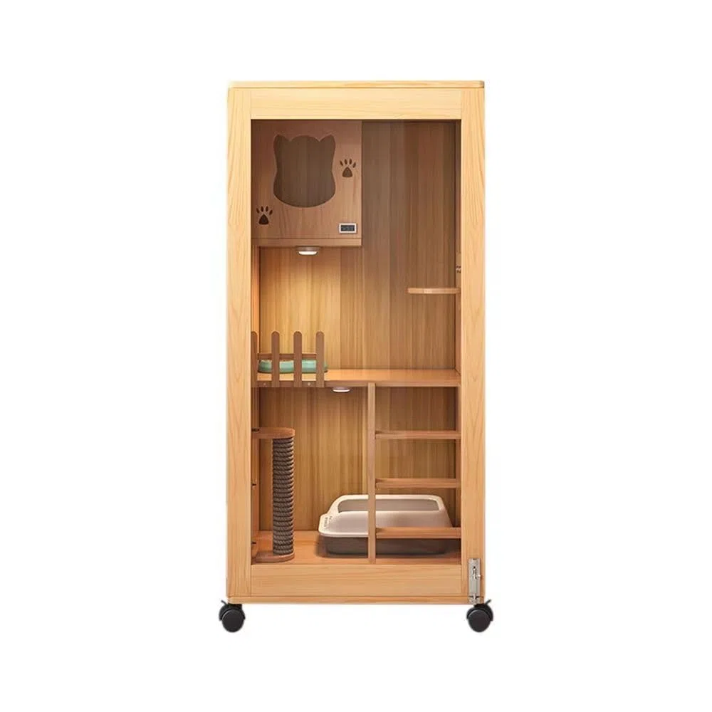 Casa del gatto Gabbia for gatti in legno Villa for animali domestici Gabbia for gatti a doppio strato Cuccia for gatti for interni Gabinetto for gatti panoramico in vetro chiuso Allevamento Gabbia per