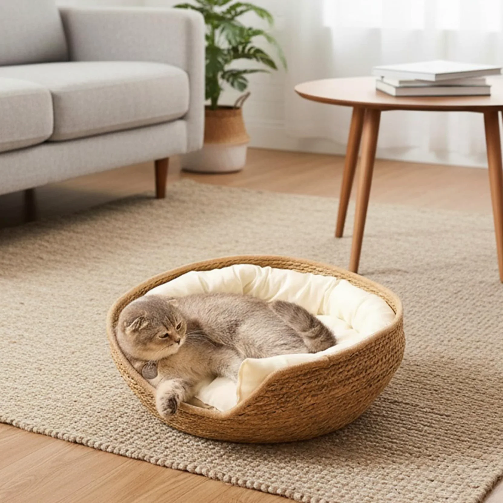 Cuccia per gatti rotonda in rattan da 17 pollici con cuscino in cotone lavabile