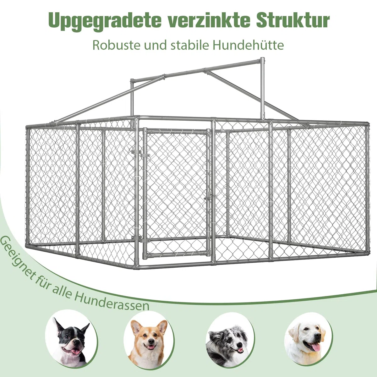Cuccia per cani da esterni, 230 x 230 cm, con tetto e lucchetto, stabile beccuccio per cani in acciaio zincato con telo protettivo per giardino e terrazza