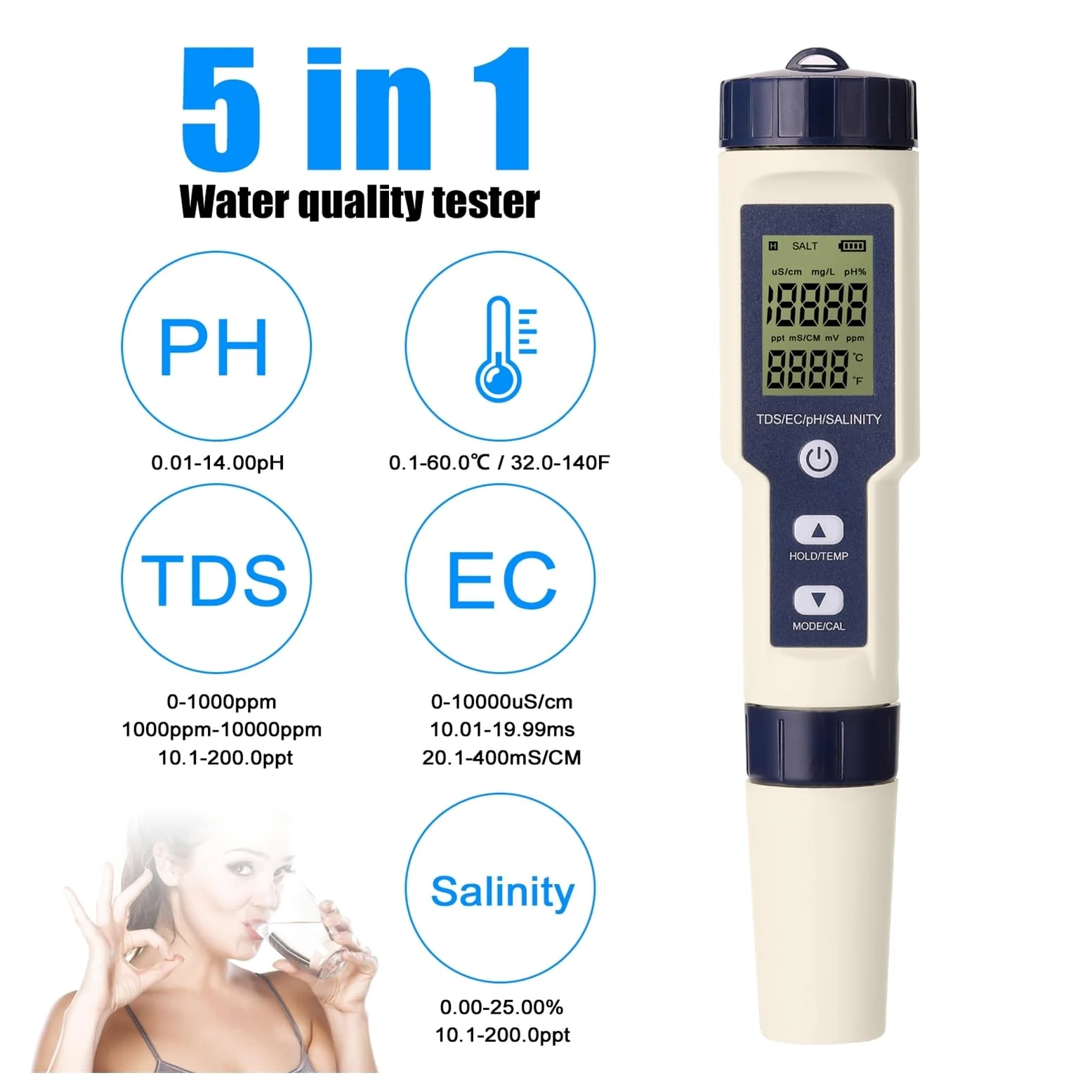 Misuratore di PH Misuratore di qualità Acqua con Funzione 5 in 1 Tester PH Salinità TDS EC retroilluminazione for acquacoltura, Potabile, Piscina