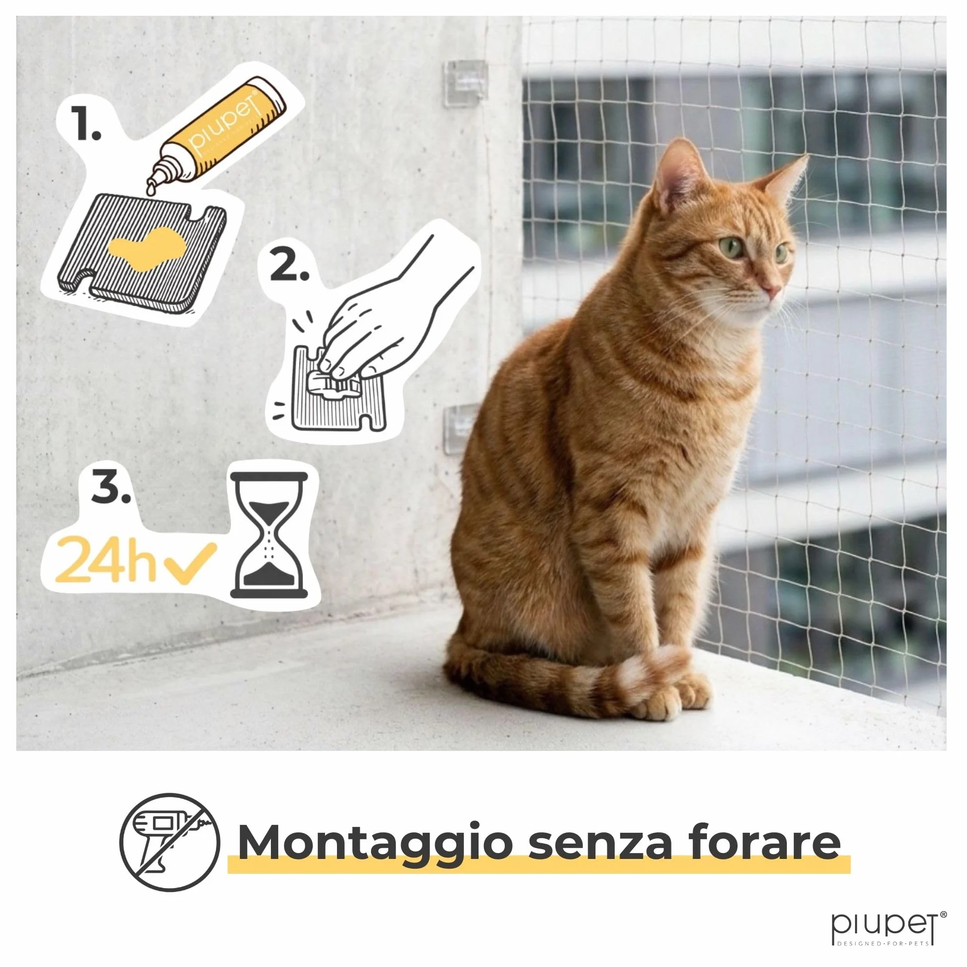 PiuPet® Ganci Adesivi per Rete per Gatti Senza forare | Fissaggio Rete Gatto per Balcone e Finestra | Ganci Trasparenti con Colla Silicone (60 Ganci + 80 ml di Colla)