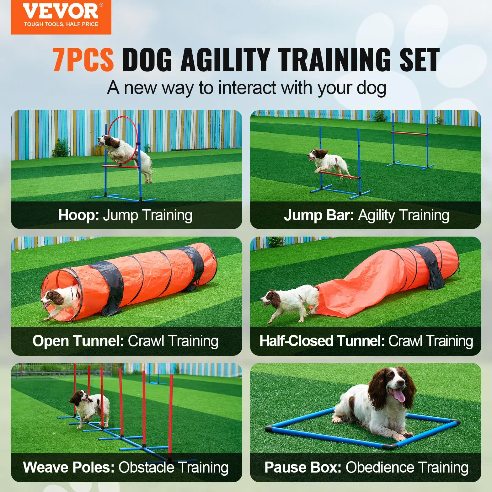 VEVOR Attrezzatura per Addestramento Agilità per Cani, Set 7 Pezzi, Percorso a Ostacoli per Cuccioli, Ostacoli Altezza Regolabile, 6 Pali, 2 Tunnel, Anello Salto, Scatola Pausa, 3 Frisbee, Fischietto