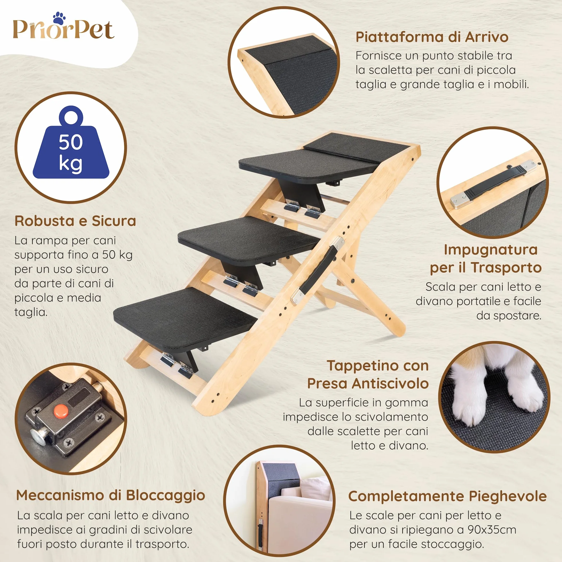 Scale per Cani 2 in 1 Rampa Regolabile 18-50 cm - Pet Gradini con Piattaforma Naturale