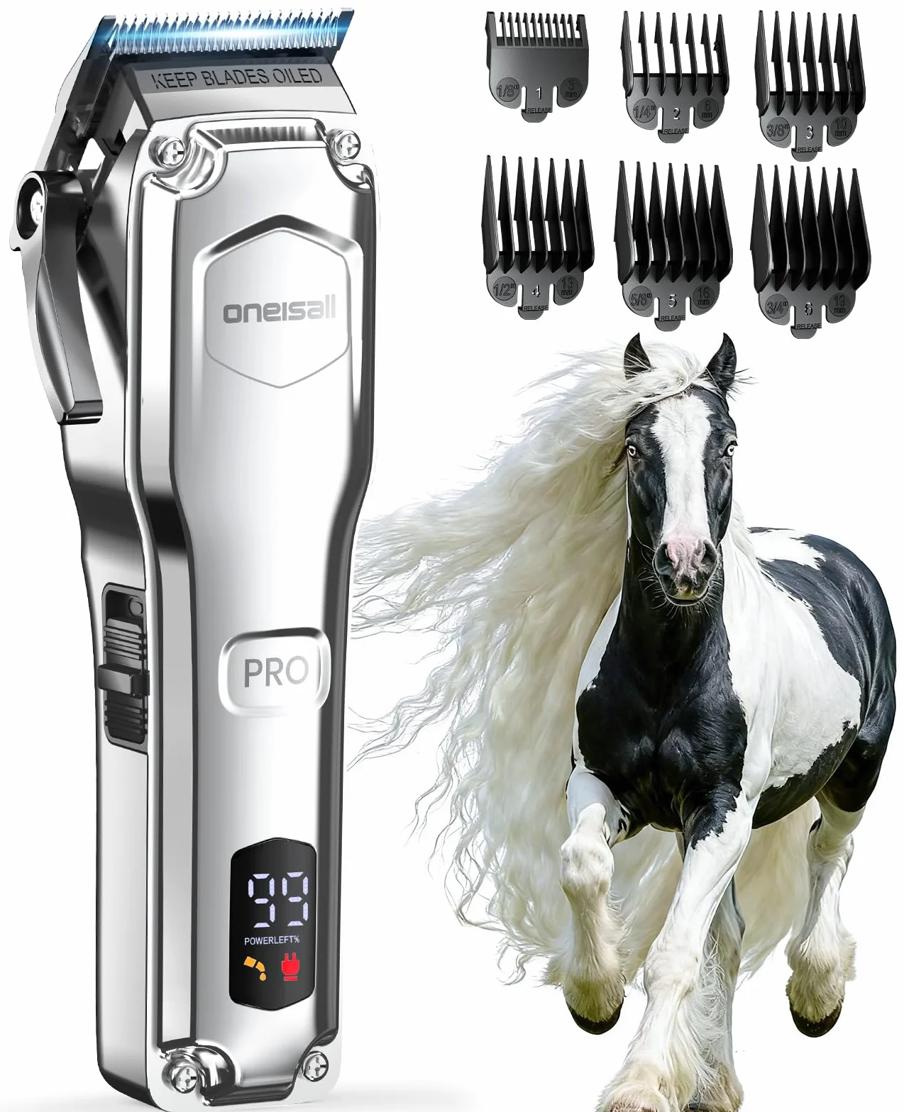 oneisall Tagliacavalli senza fili, ultra silenzioso e resistente, kit di rasoi leggeri per capelli lunghi opachi, lama rimovibile in acciaio inox per tutti i tipi di pelo