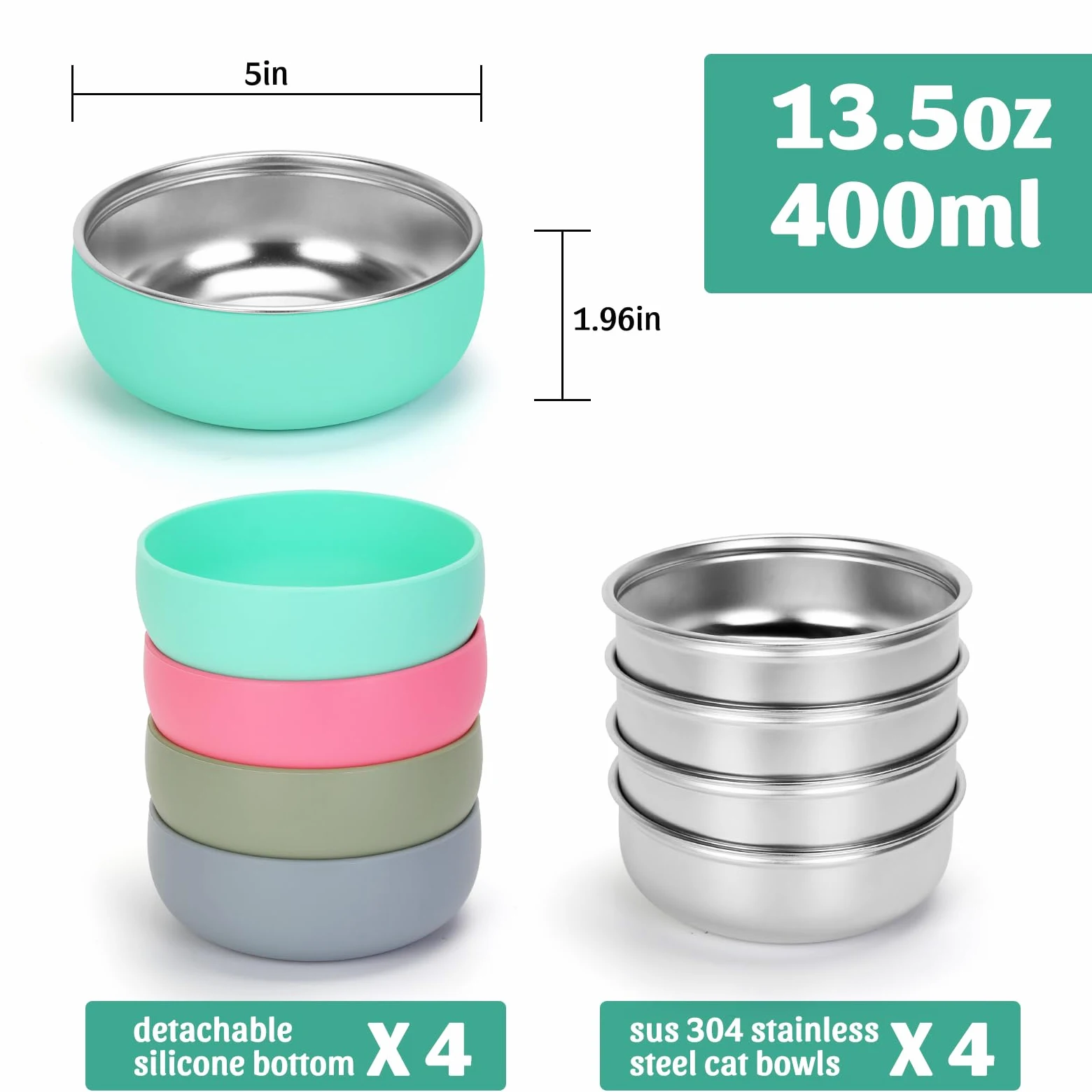 Ciotole per gatti in acciaio inox, con fondo in gomma, 12,7 cm di larghezza e poco profondo, adatte ai baffi, resistenti e antiscivolo, piccole ciotole per gatti da interno