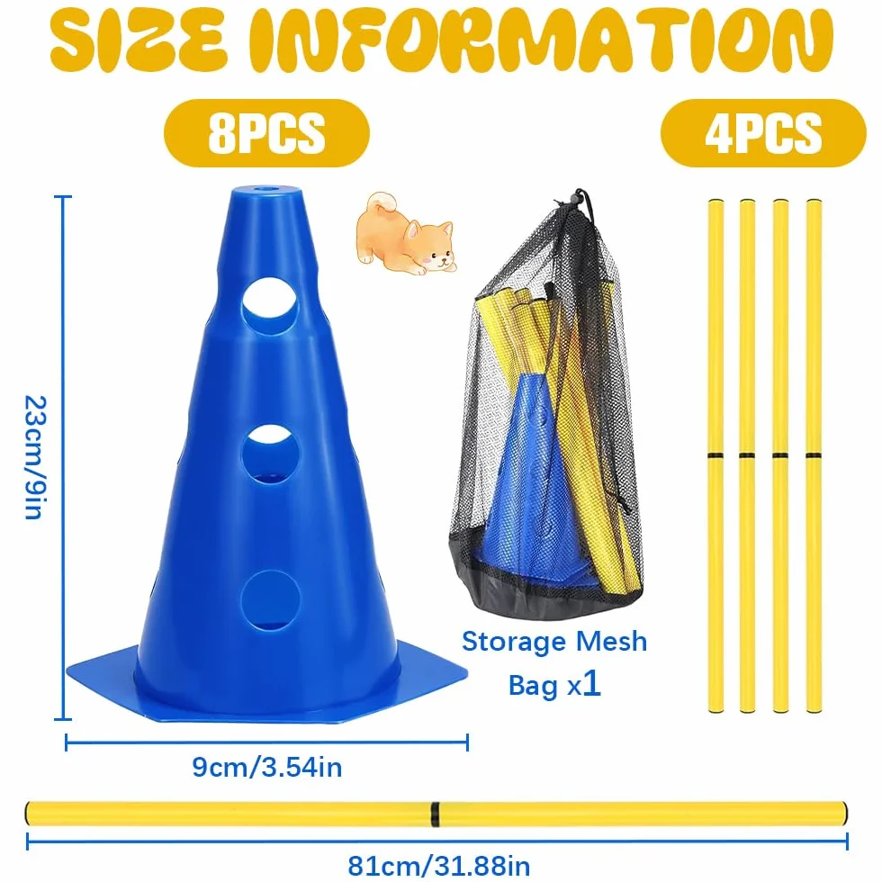 Agility Set per Cani Ostacoli per Bambini, Ostacoli per Bambini, Cani, Cane Cavaletti, 8 Coni 23 cm di Altezza + 4 aste Lunghe 81 cm, per Esercizi di Addestramento, Sport Cinofili