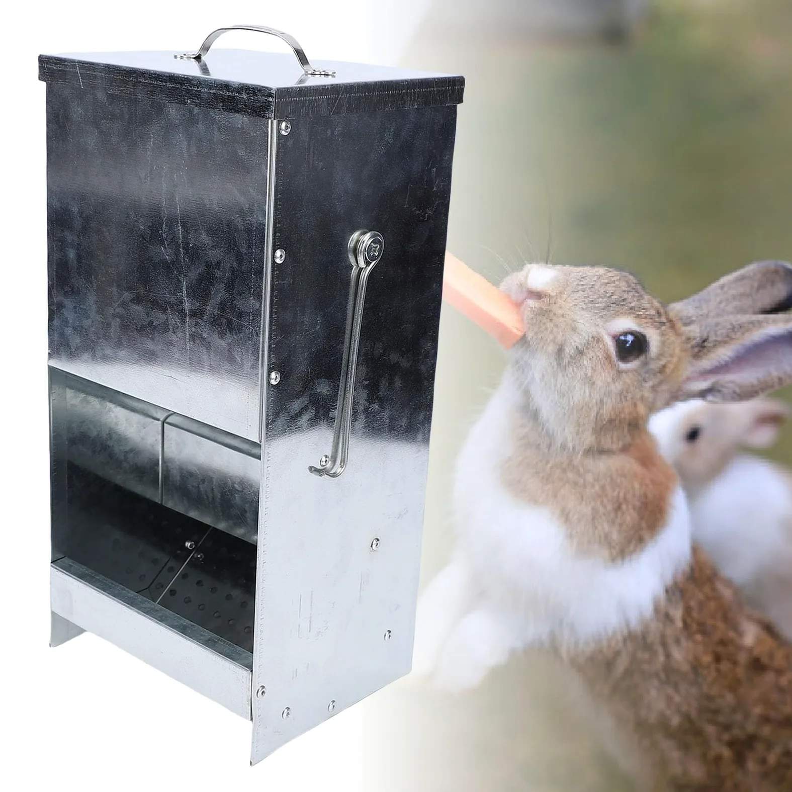 Srliya Dispenser di Cibo per Conigli da Esterno con Protezione Antipioggia per Mangiatoia per Conigli, Struttura Zincata