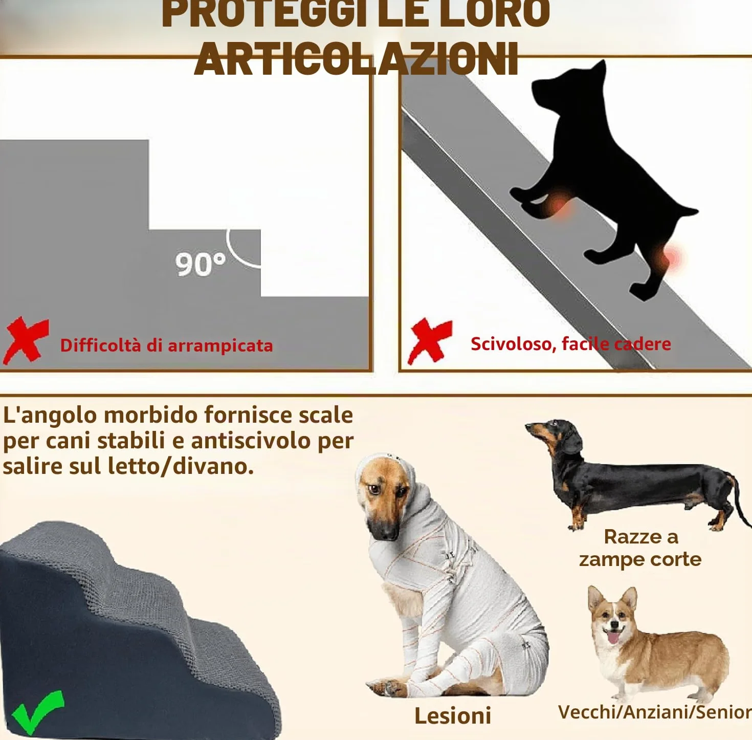 Scala larga per cani di piccola taglia, 3 gradini, in schiuma ad alta densità, rivestimento lavabile e fondo antiscivolo, 32 x 60 x 30 cm